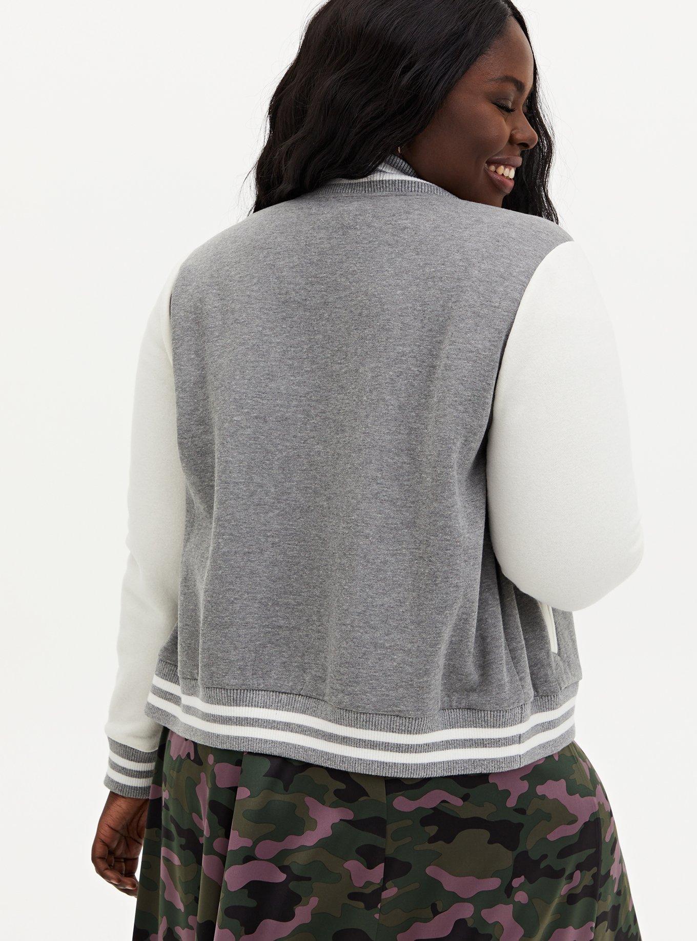 Plus Size Heather Grey White Fleece Crop Varsity Bomber Jacket