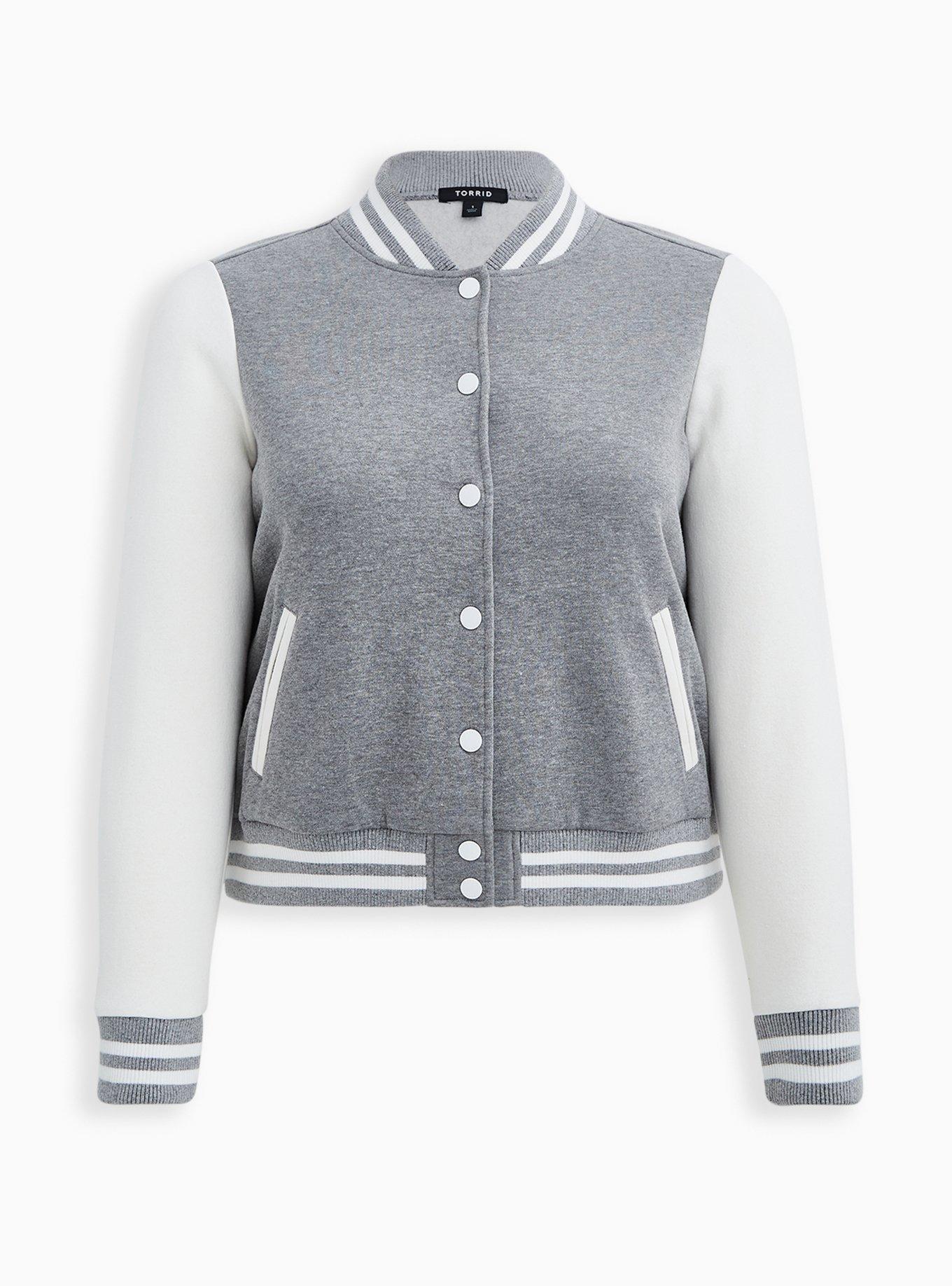 Heather Grey & White Fleece Crop Varsity Bomber Jacket, , hi-res