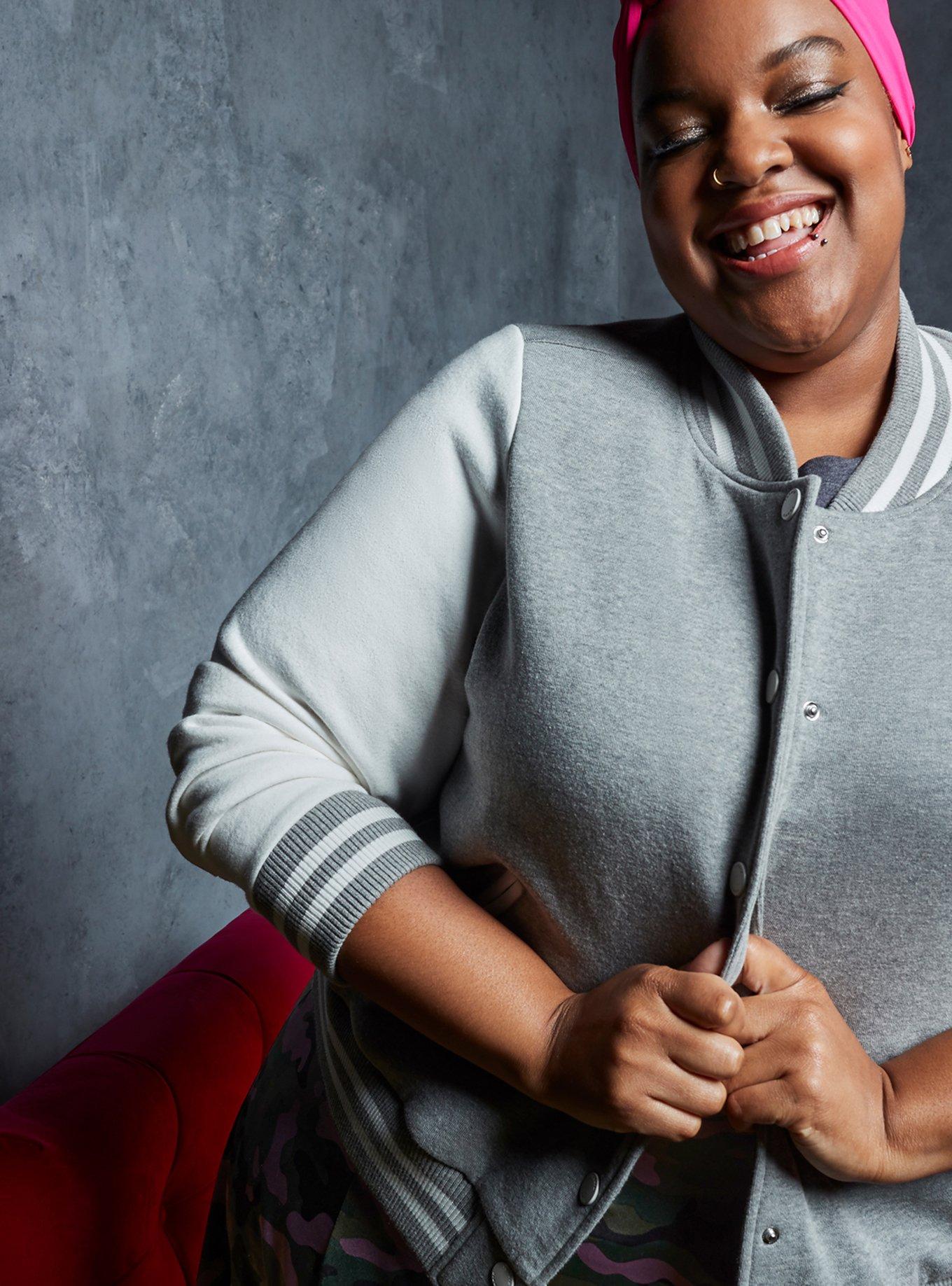 Heather Grey & White Fleece Crop Varsity Bomber Jacket, , hi-res