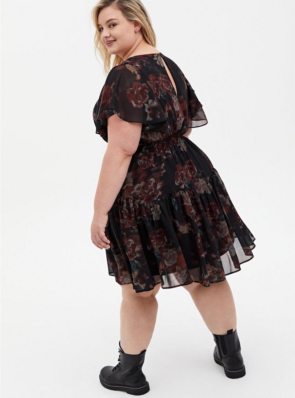 Plus Size Mini Chiffon Ruffle Hem Skater Dress, BLACK FLORAL, alternate