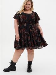 Plus Size Mini Chiffon Ruffle Hem Skater Dress, BLACK FLORAL, hi-res