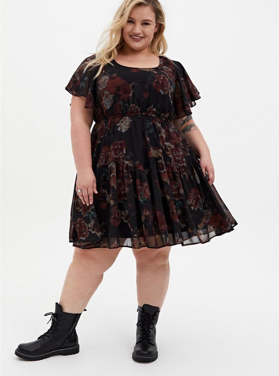Plus Size Mini Chiffon Ruffle Hem Skater Dress, BLACK FLORAL, hi-res