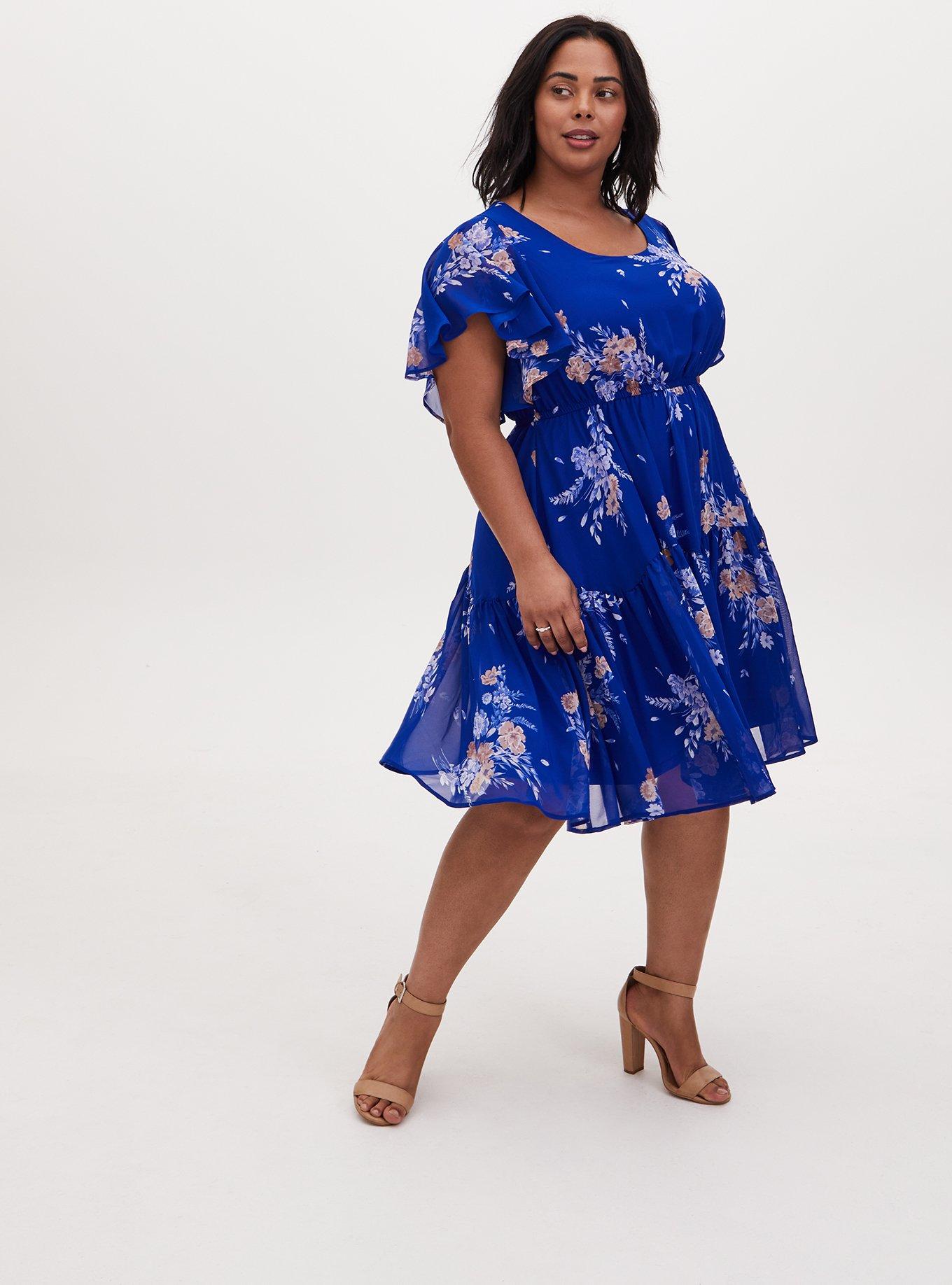 torrid, Dresses, Torrid Plus Size Blue Floral Mini Chiffon Ruffle Hem  Skater Dress