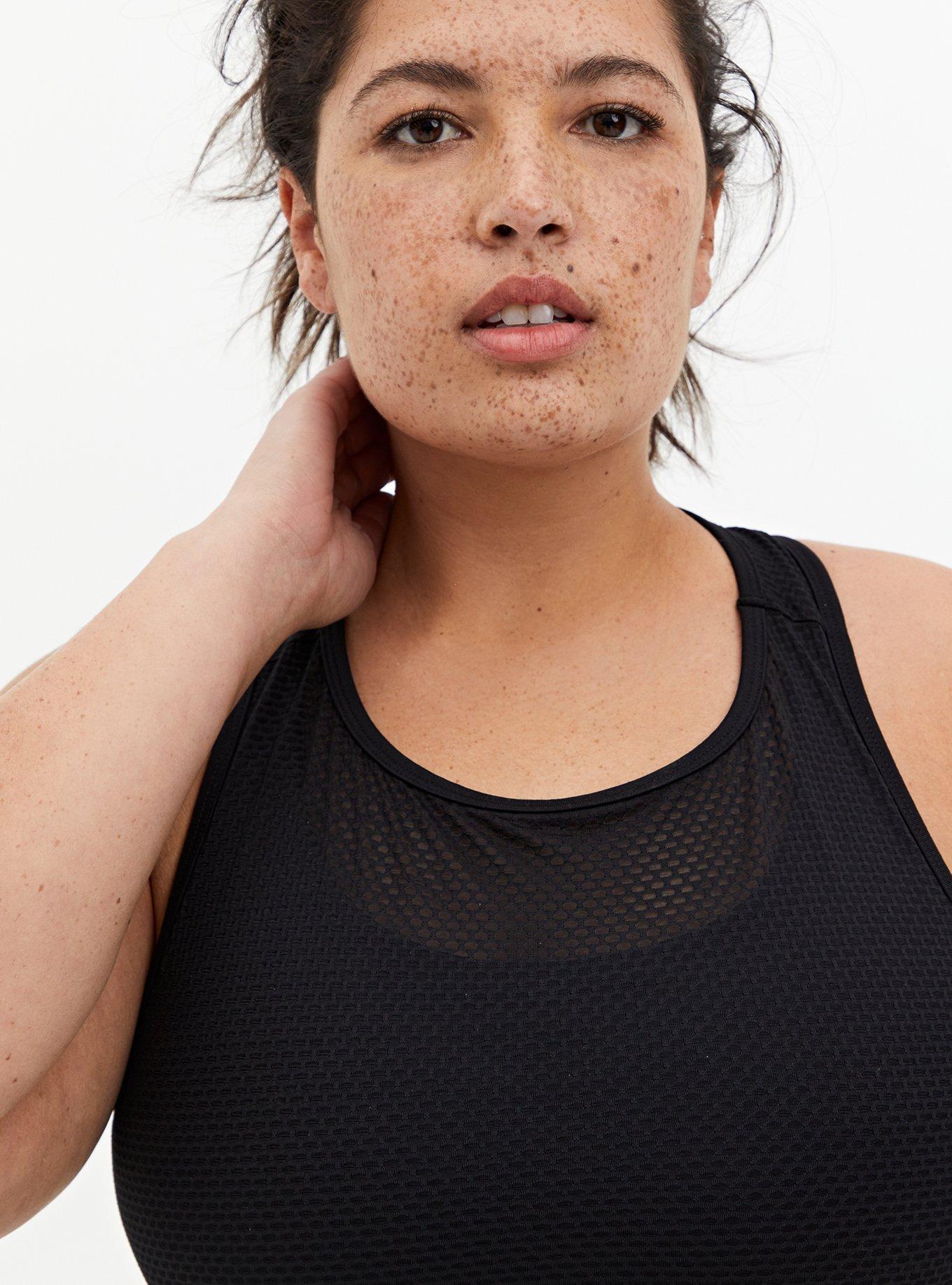 Plus Size Low-Impact Wireless Mesh Overlay Active Sports Bra, BLACK, hi-res
