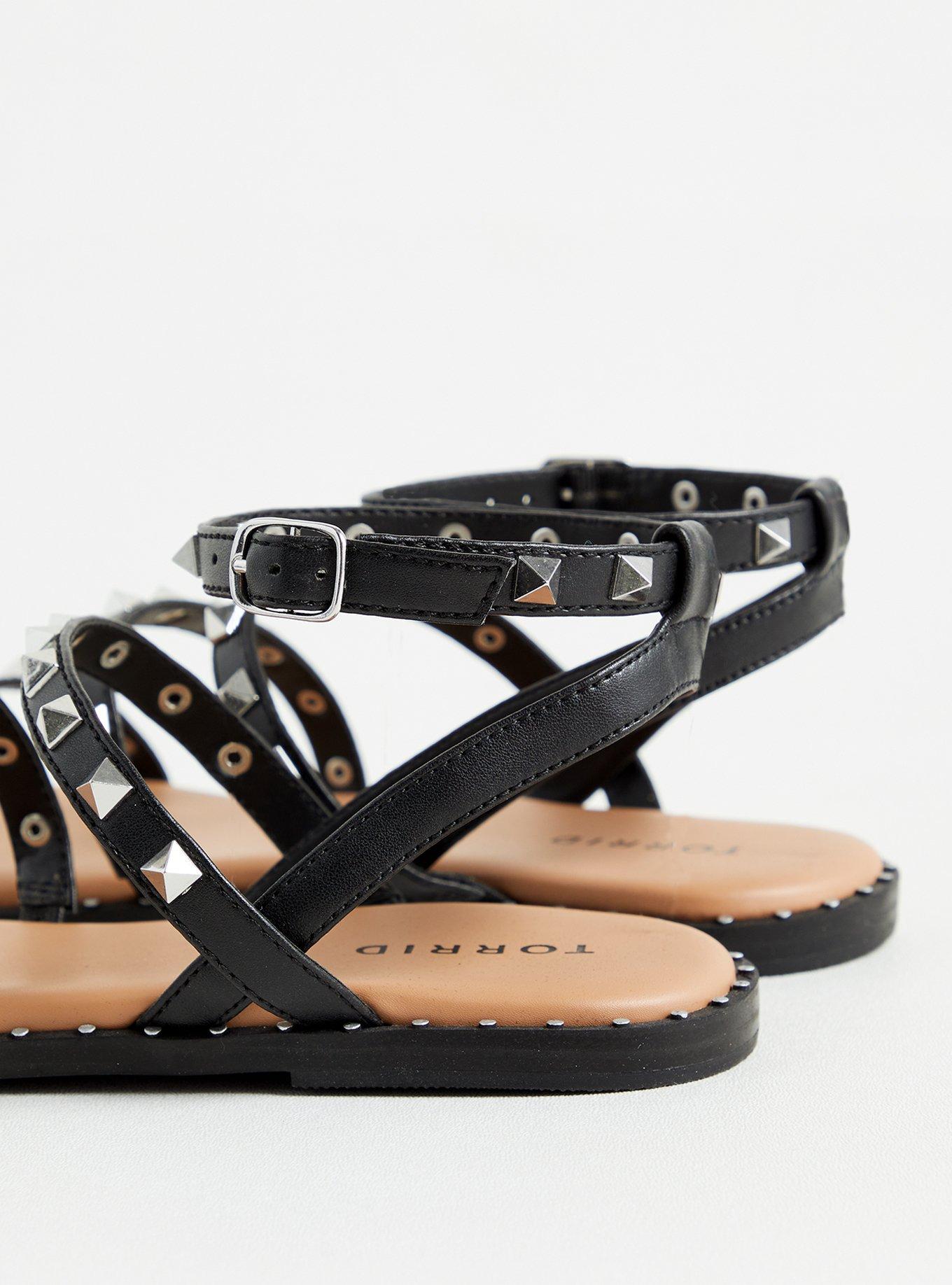 STUDDED CUSHIONED FLAT SANDAL FOR WOMEN - BLACK