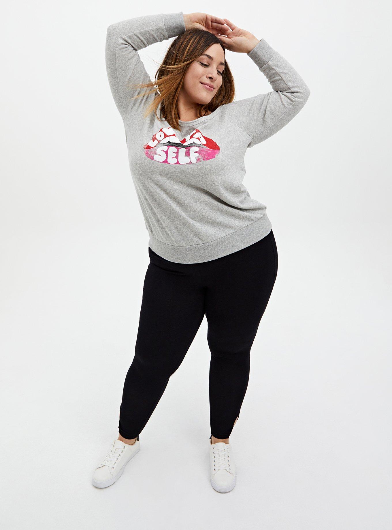 Plus Size Love Ya Self Light Grey Terry Off Shoulder Sweatshirt, MEDIUM HEATHER GREY, alternate