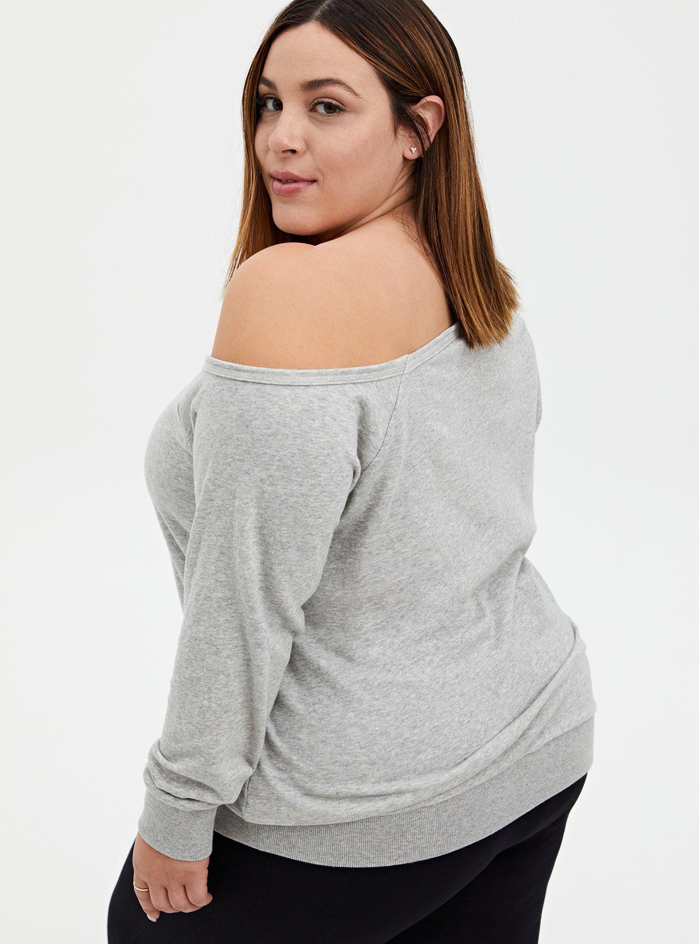 Plus Size Love Ya Self Light Grey Terry Off Shoulder Sweatshirt, MEDIUM HEATHER GREY, alternate