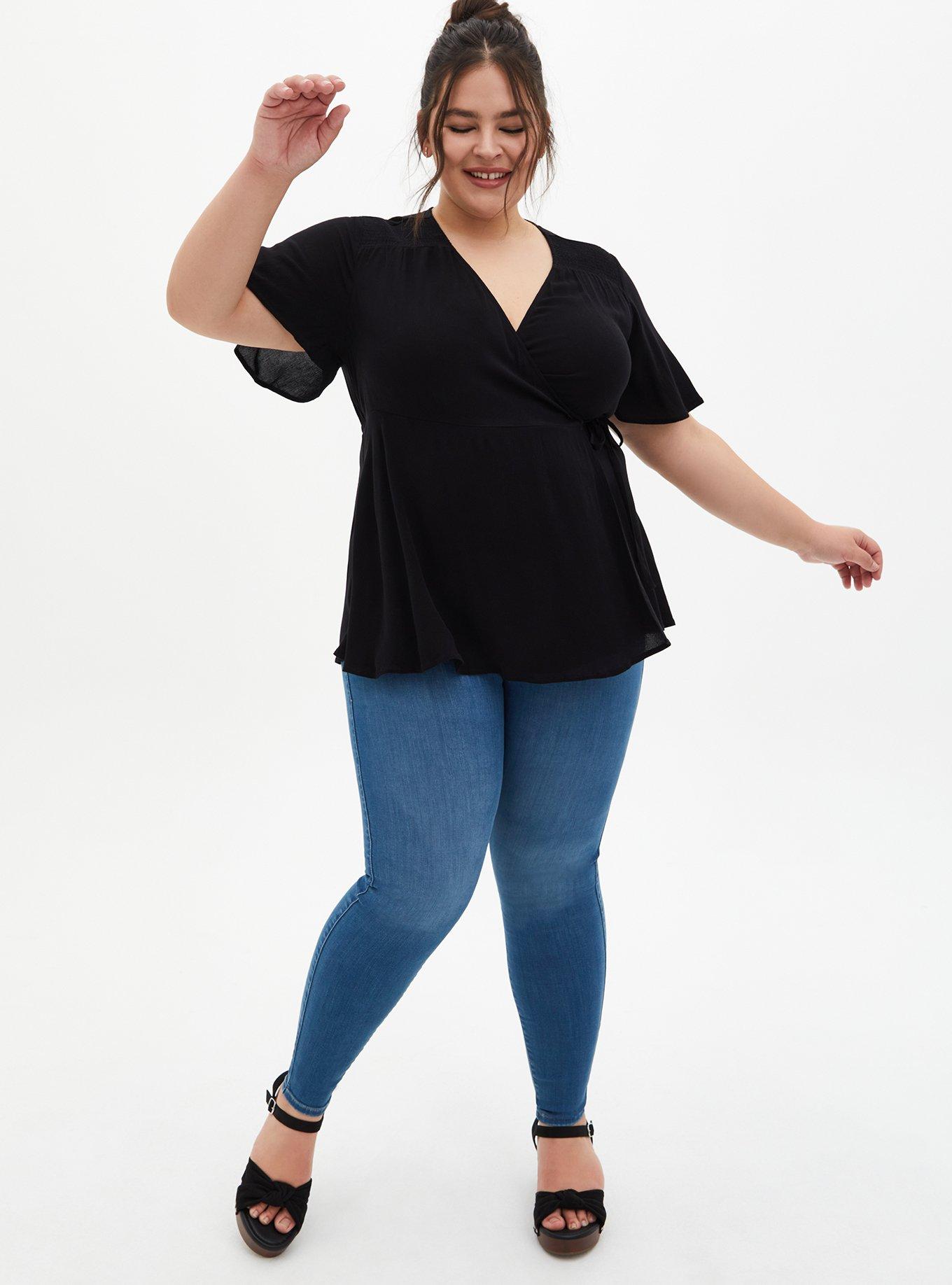 Plus Size Rayon Crepe Smocked Surplice Top, DEEP BLACK, alternate