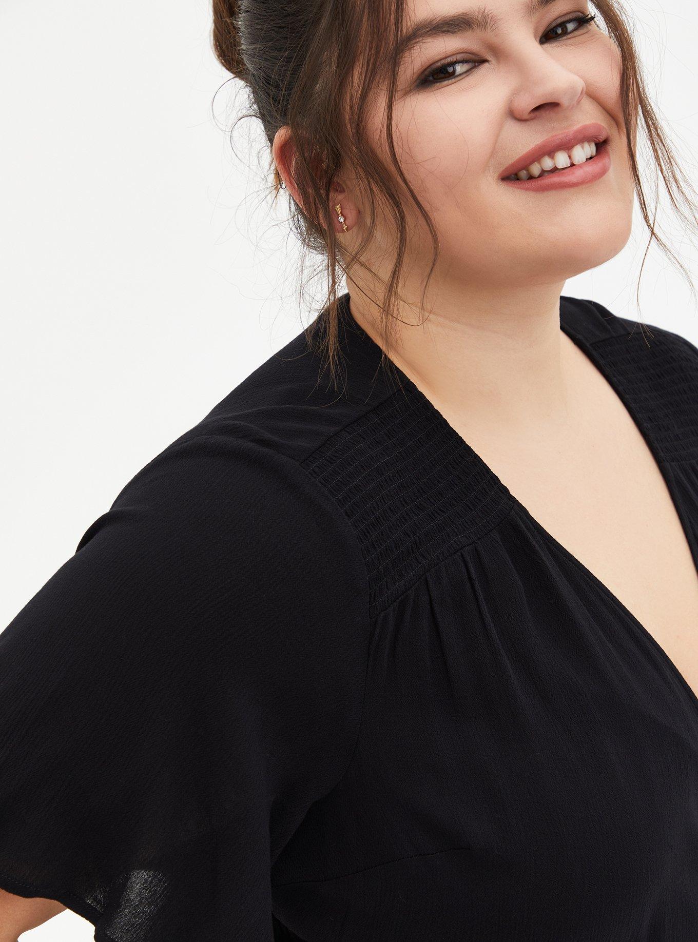 Plus Size Rayon Crepe Smocked Surplice Top, DEEP BLACK, alternate