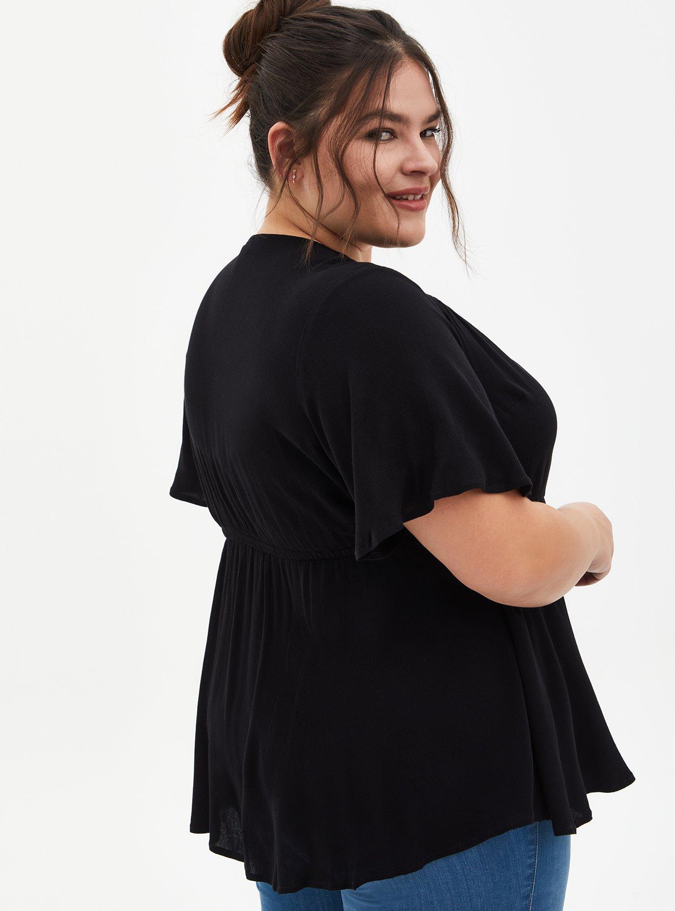 Plus Size Rayon Crepe Smocked Surplice Top, DEEP BLACK, alternate