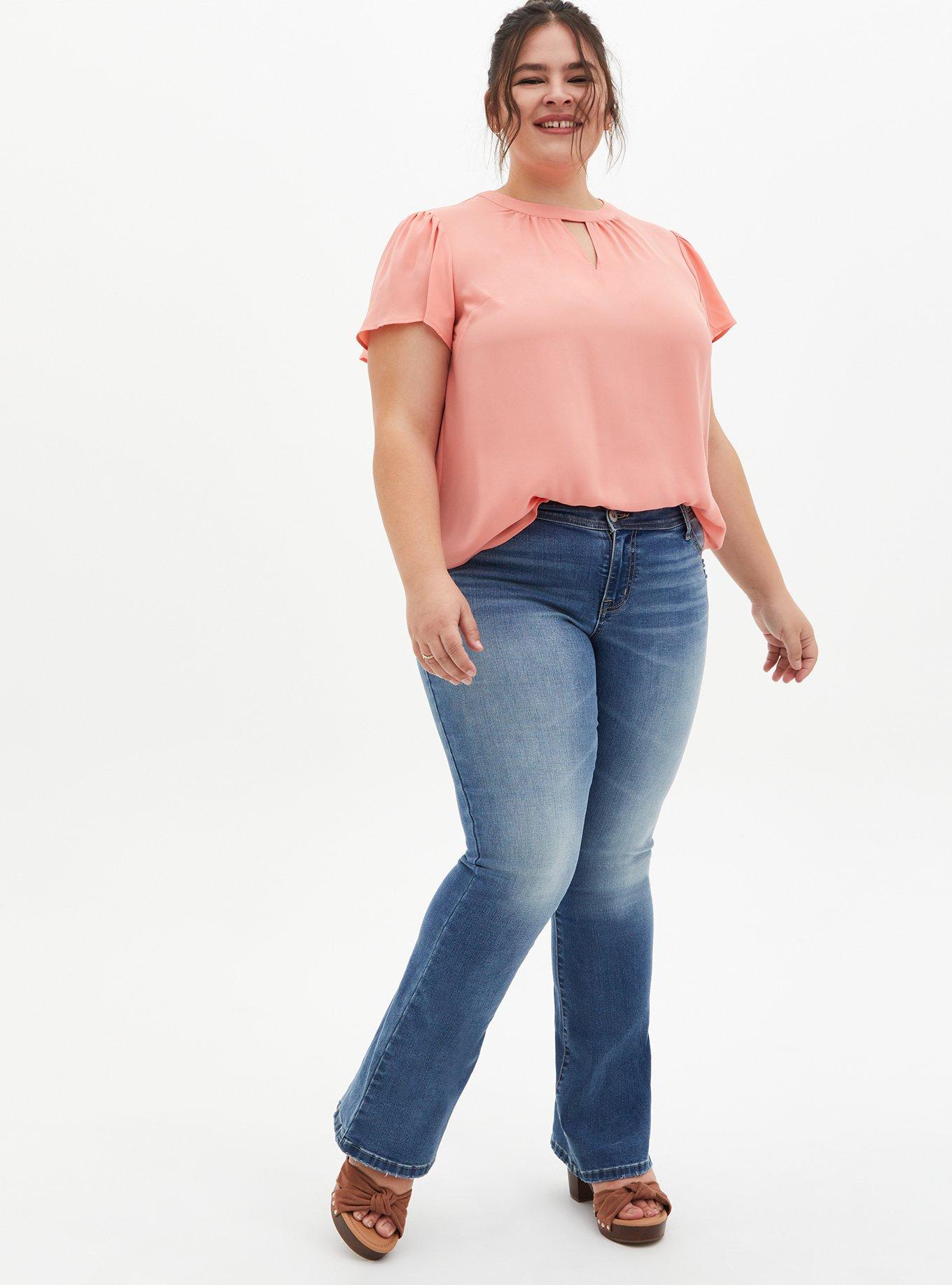 Plus Size Georgette Keyhole Flutter Sleeve Blouse, CORAL, alternate