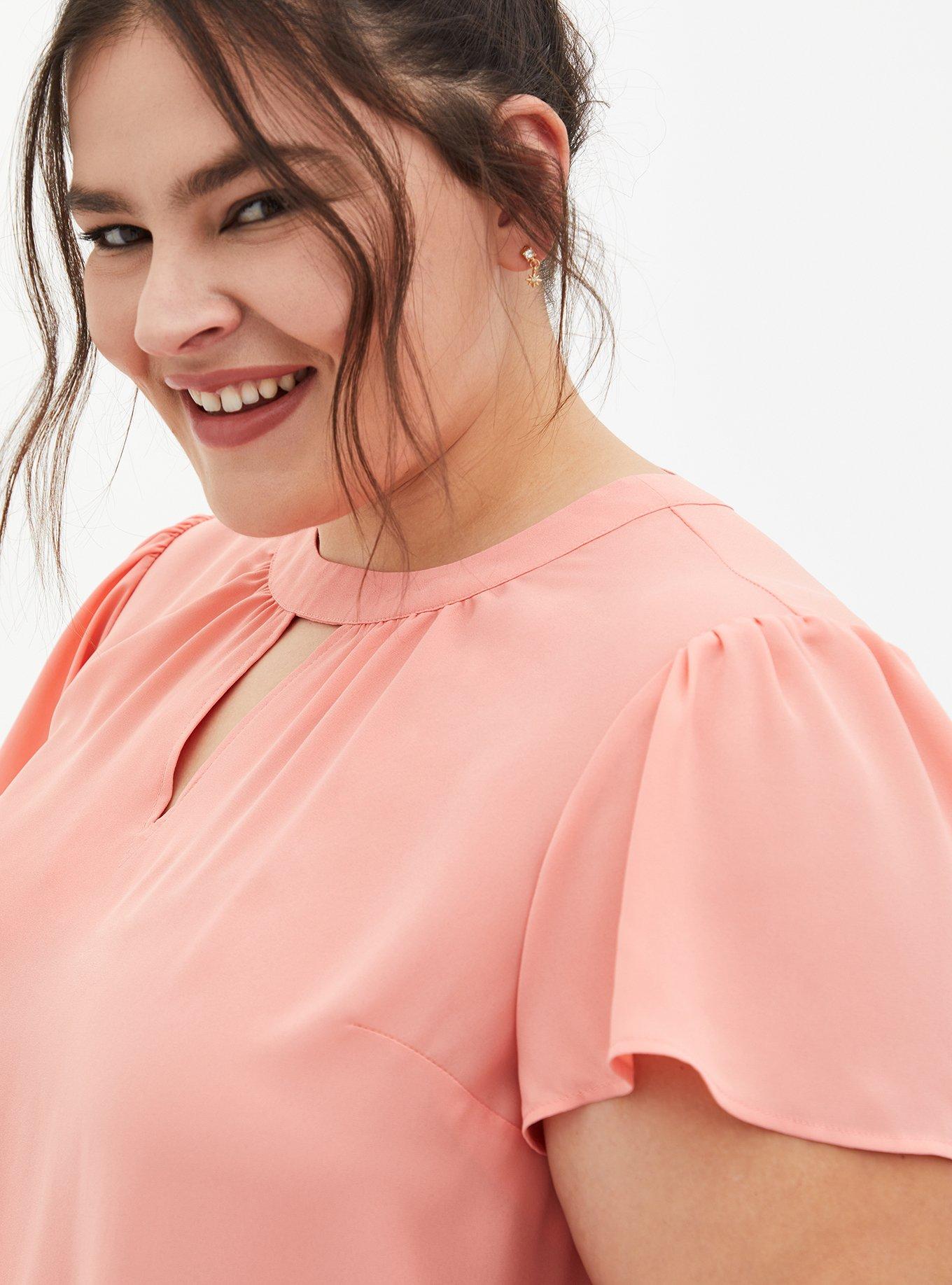 Plus Size Georgette Keyhole Flutter Sleeve Blouse, CORAL, alternate
