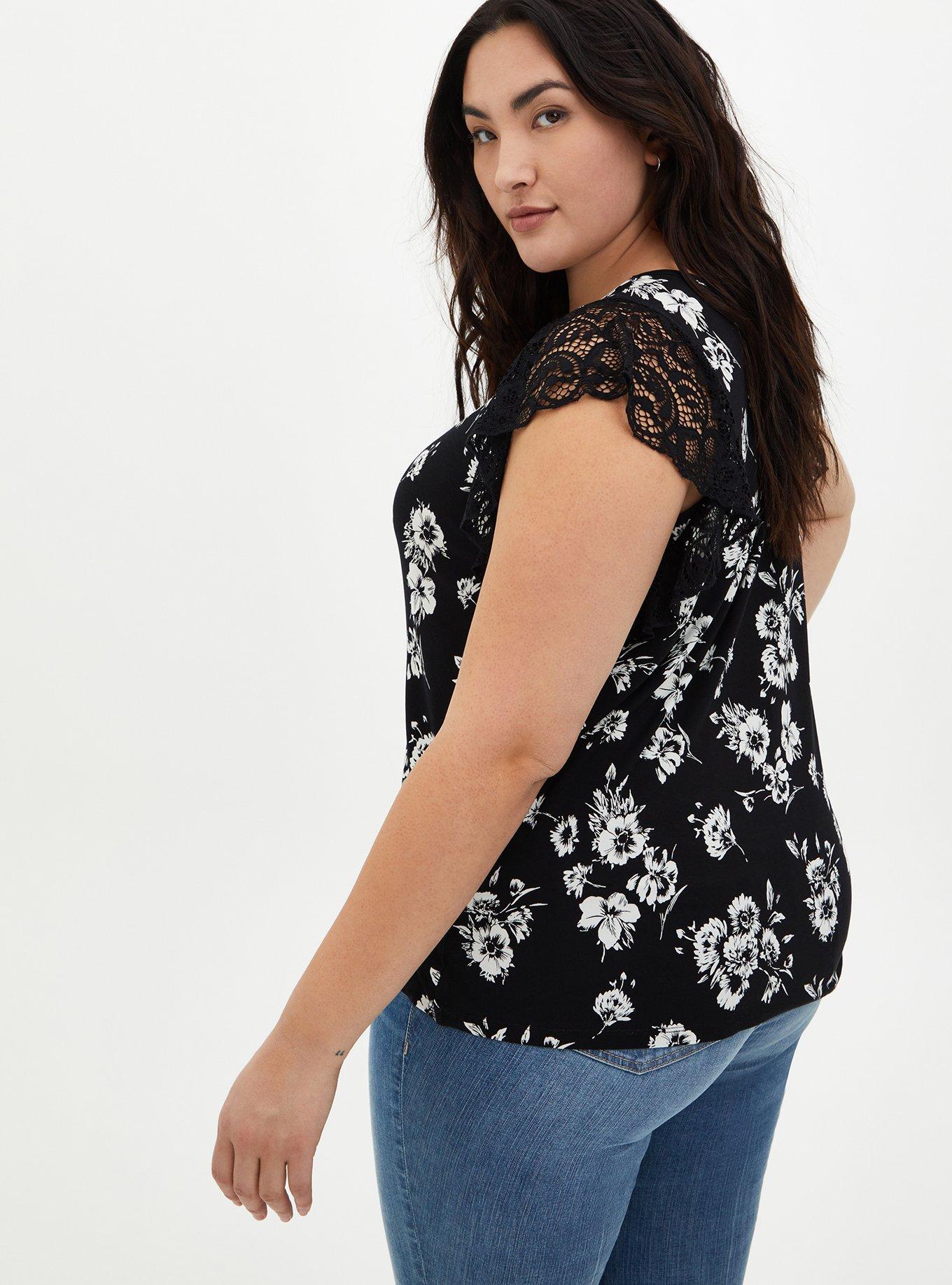 Super Soft Scoop Neck Lace Flutter Sleeve Top, BLACK FLORAL, alternate