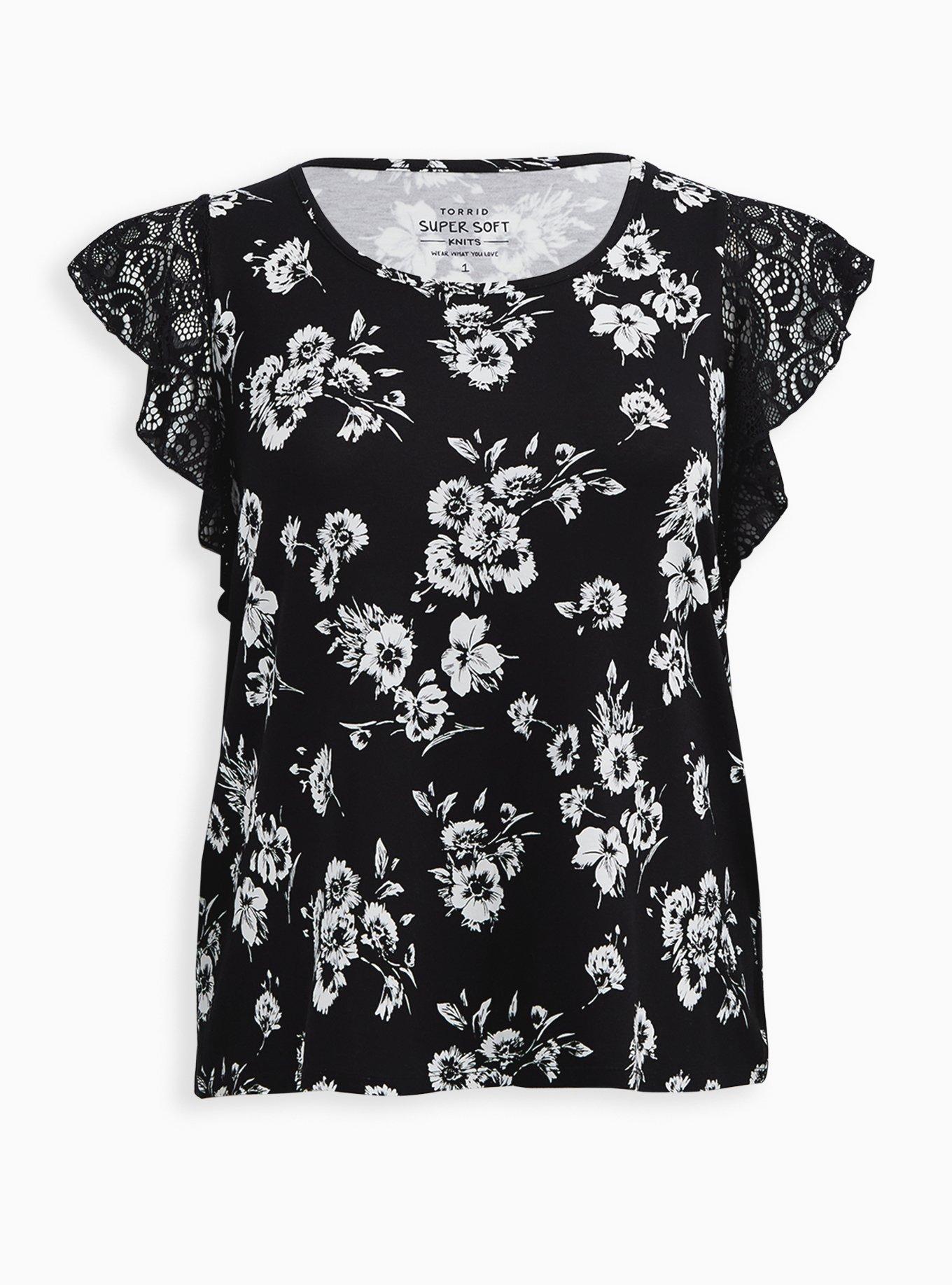 Super Soft Scoop Neck Lace Flutter Sleeve Top, BLACK FLORAL, hi-res