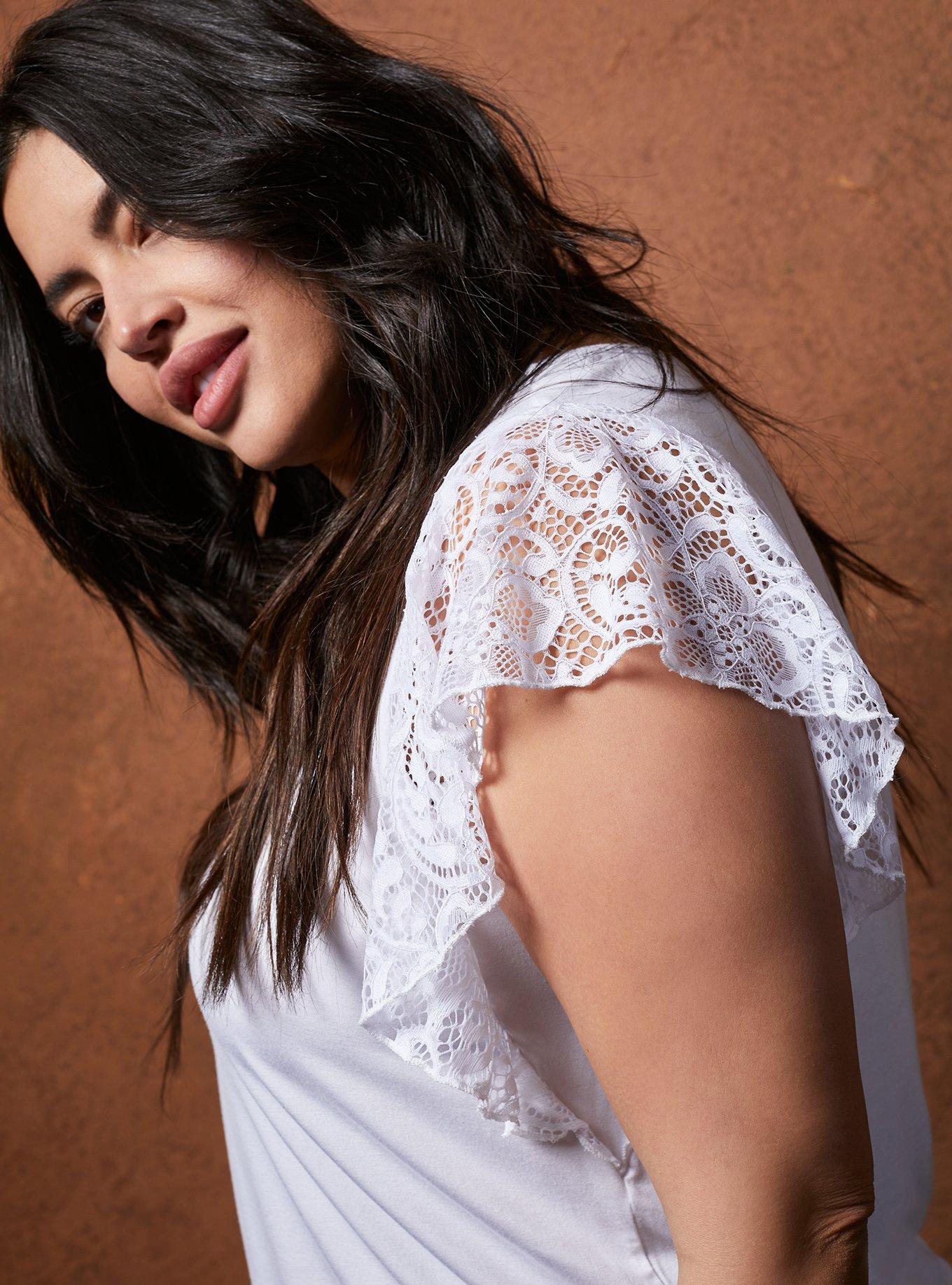 Super Soft Scoop Neck Lace Flutter Sleeve Top, , alternate
