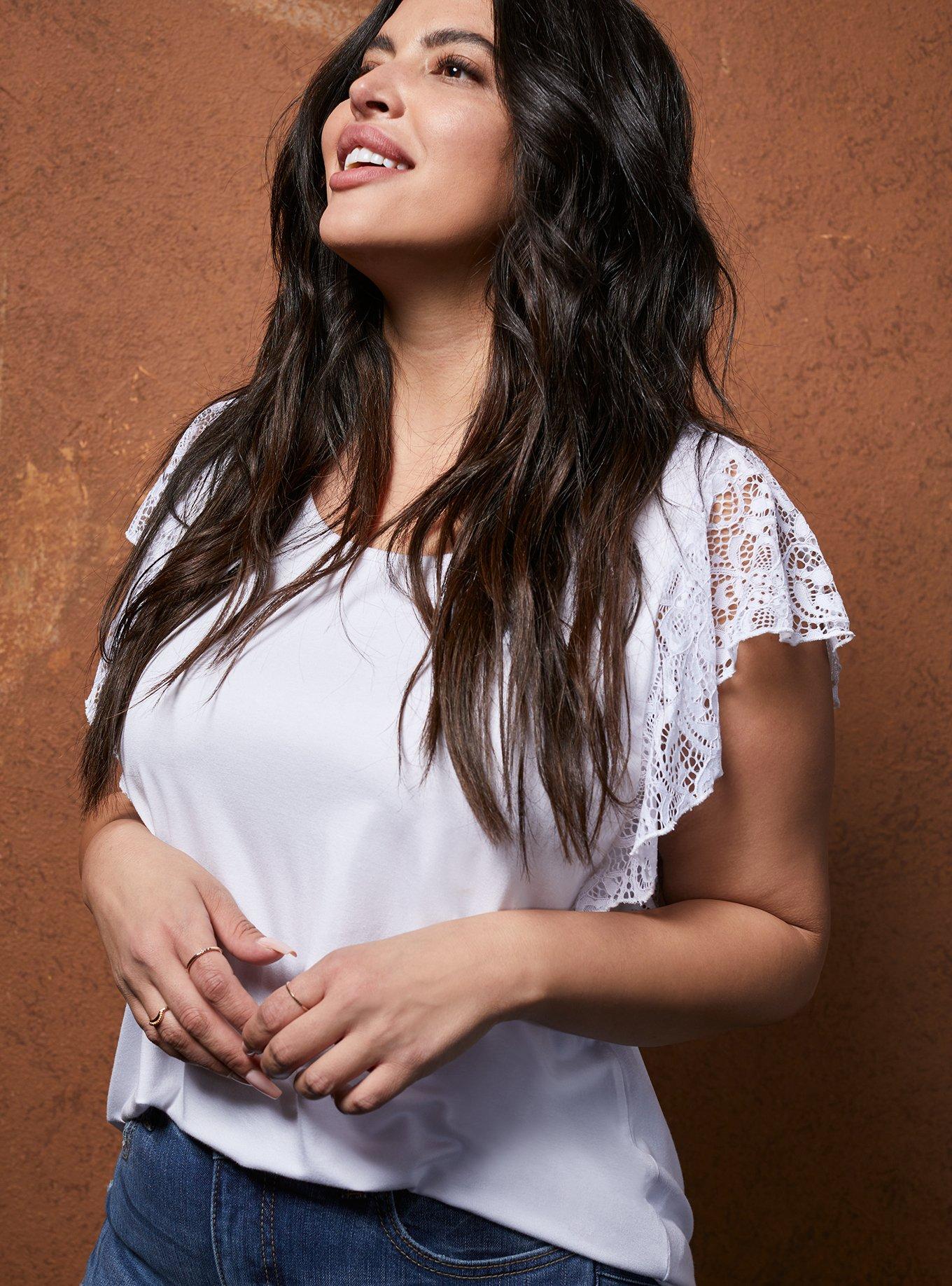 Super Soft Scoop Neck Lace Flutter Sleeve Top, , hi-res