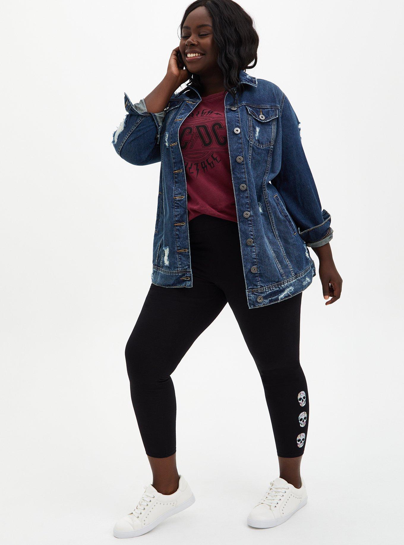 Plus Size Crop Premium Legging Tie-Dye Skull Side - Black, BLACK, alternate