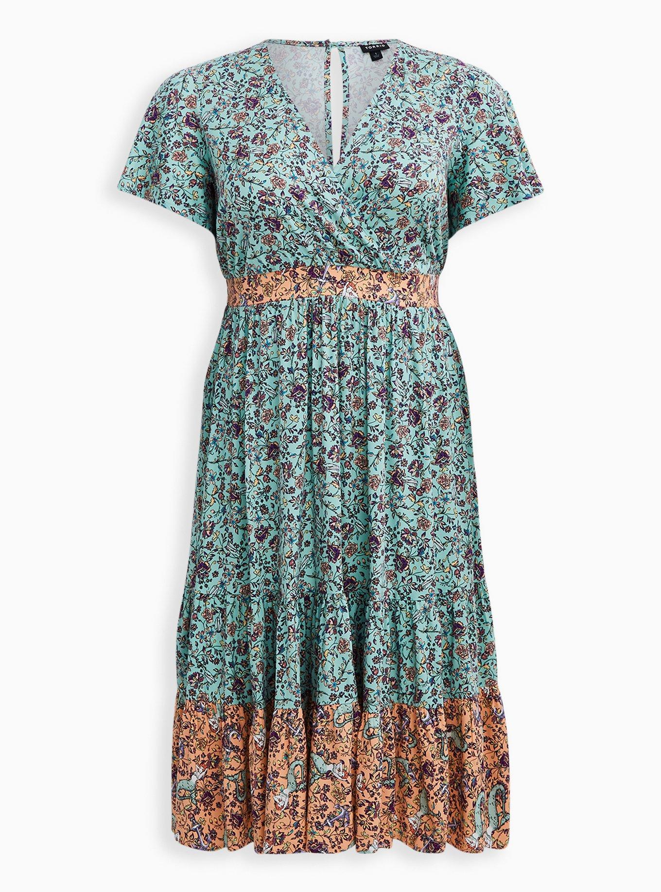 Plus Size - Jade Green Floral Stretch Challis Surplice Skater Midi ...