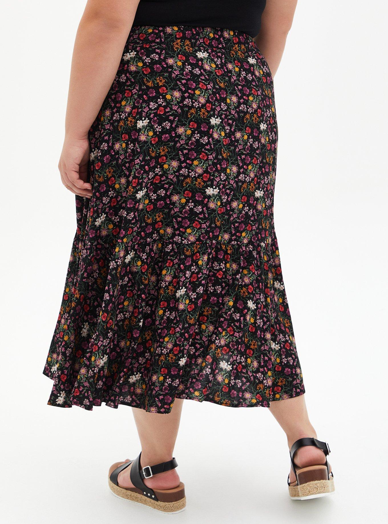 Plus Size - Black Floral Challis Tiered Tea Length Skirt - Torrid