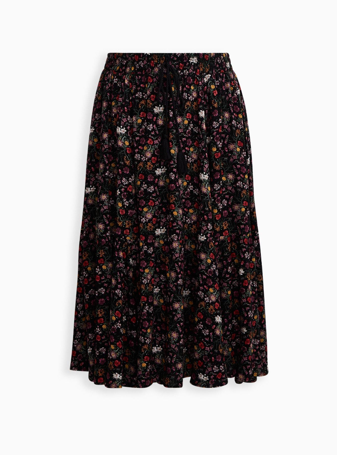 Plus Size - Black Floral Challis Tiered Tea Length Skirt - Torrid