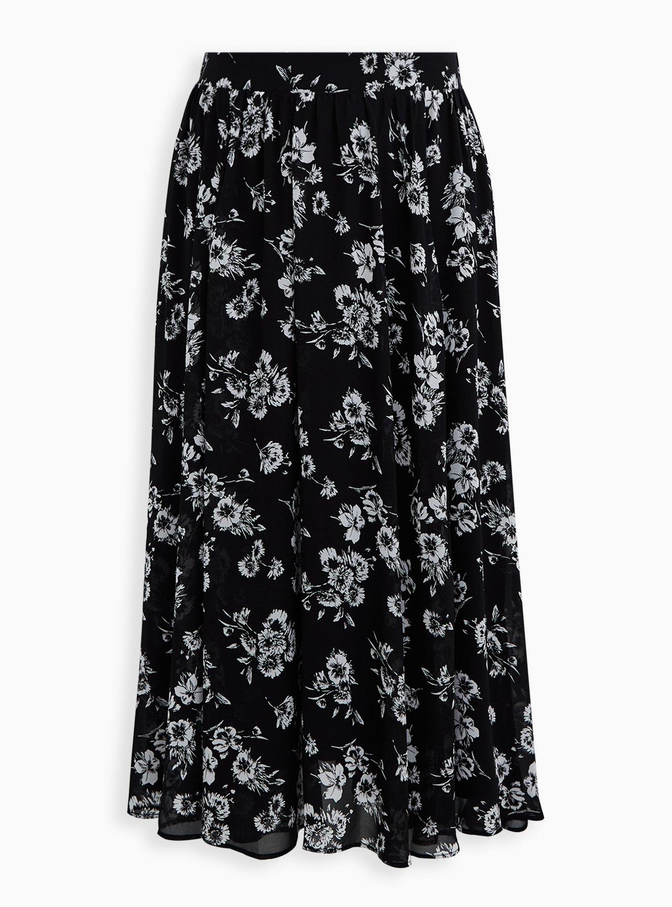Black Floral Chiffon Maxi Skirt, , hi-res