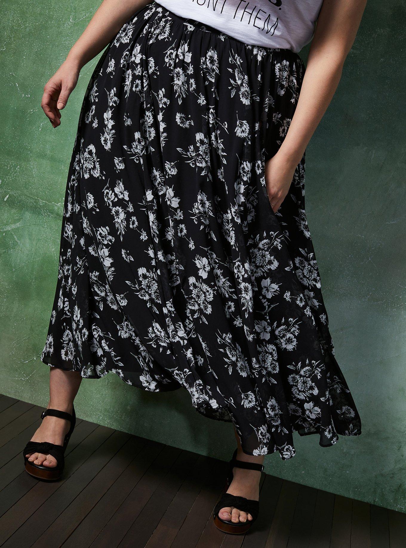 Black Floral Chiffon Maxi Skirt, , hi-res