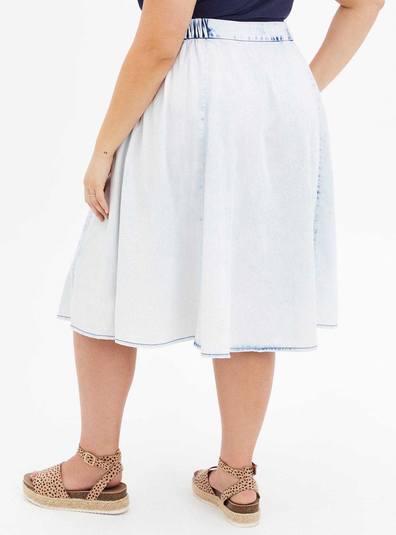 Plus Size Acid Denim Button Front Midi Skirt, BLEACH OUT, alternate