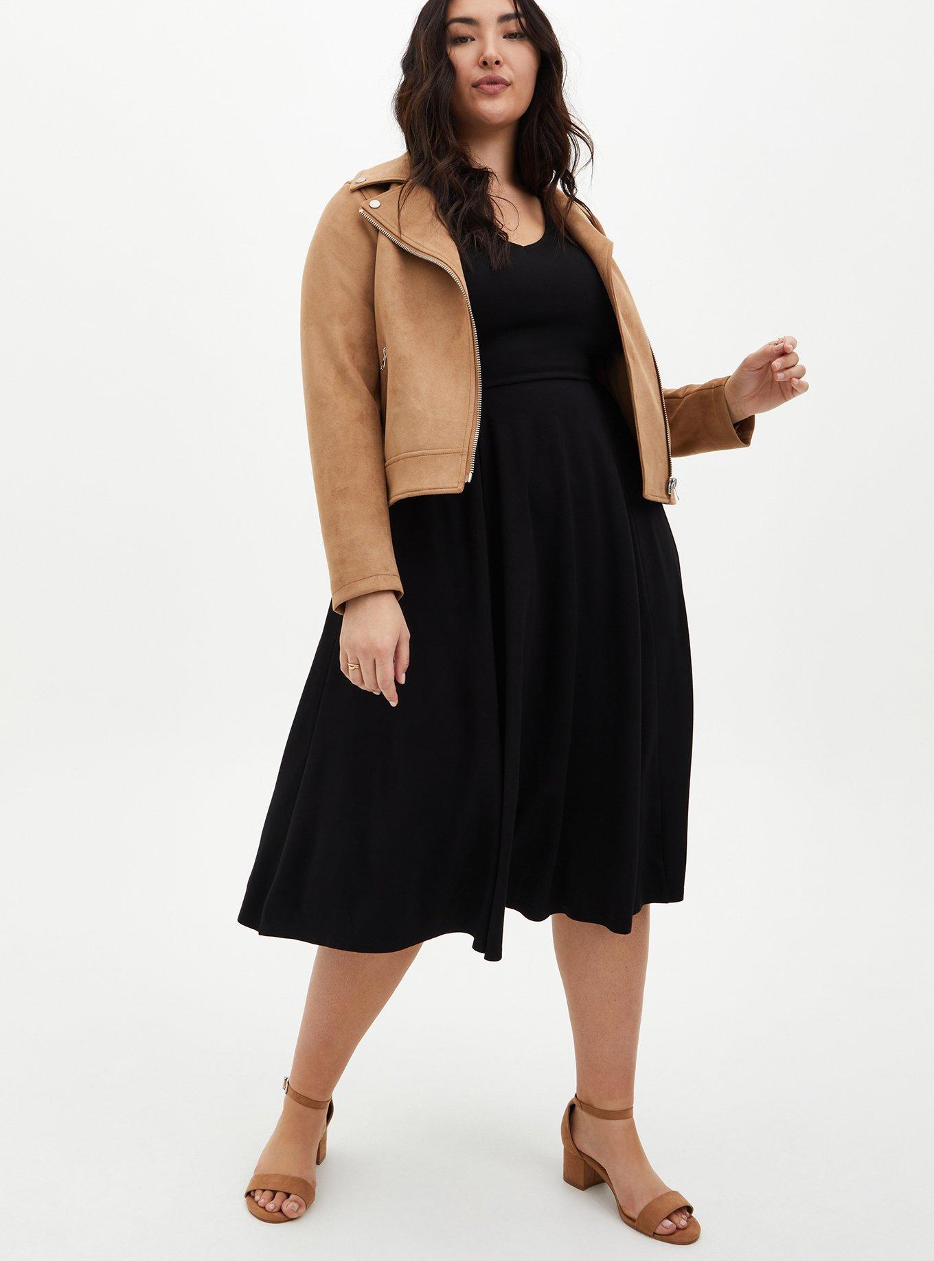 Plus Size Black Ponte Skater Midi Dress, DEEP BLACK, alternate