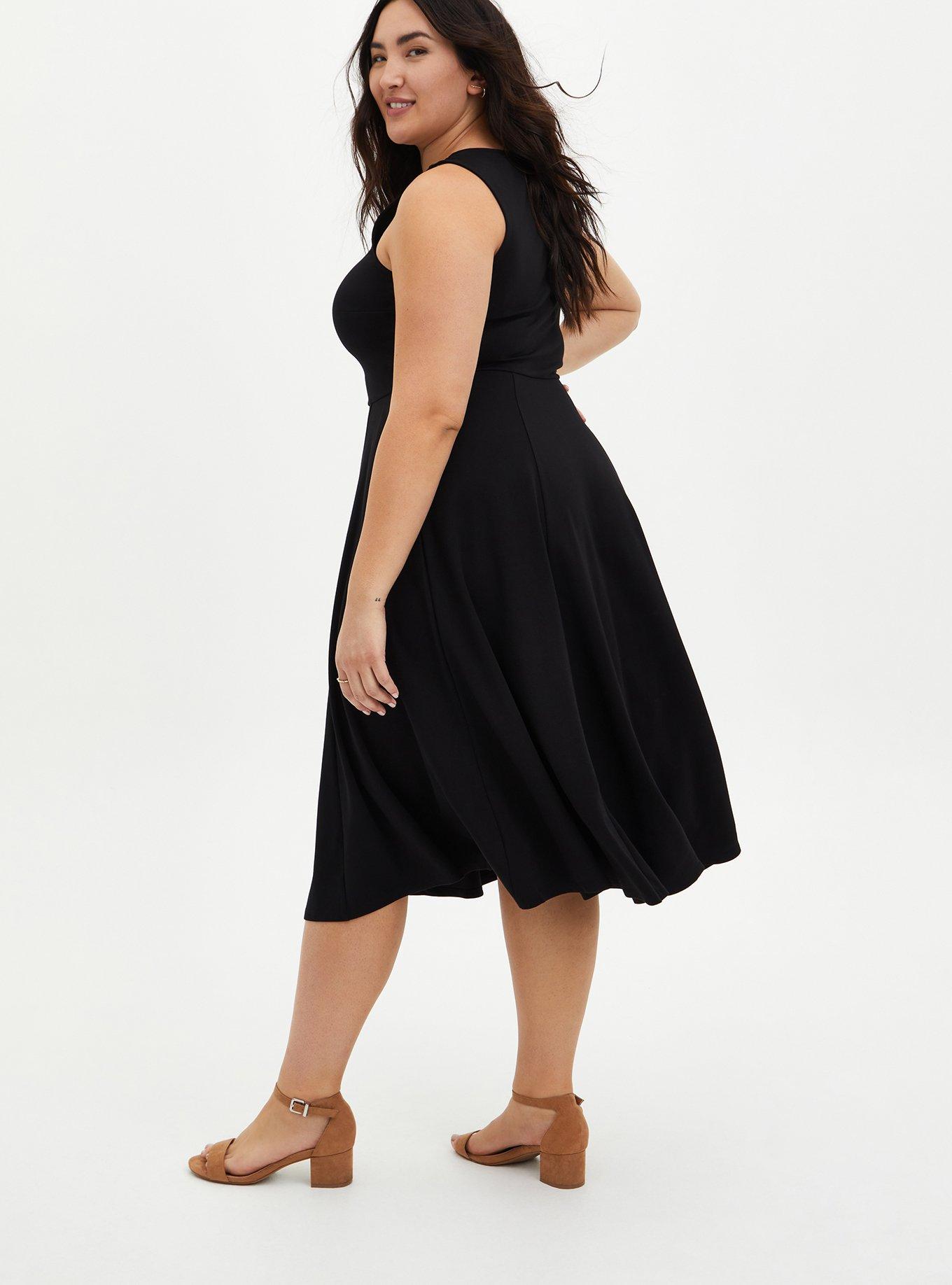 Plus Size Black Ponte Skater Midi Dress, DEEP BLACK, alternate