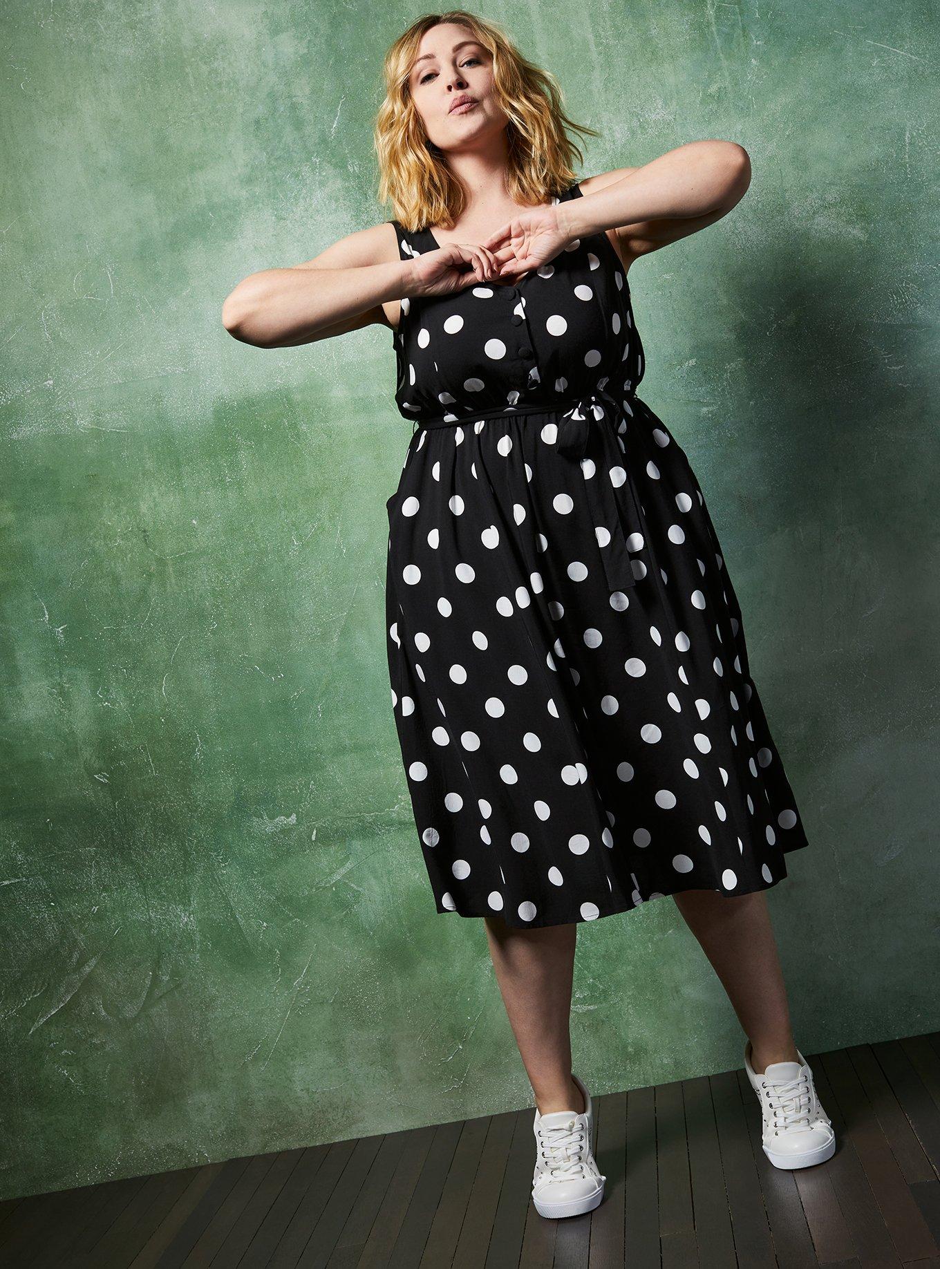 Plus Size Black White Dot Challis Retro Skater Midi Dress Torrid
