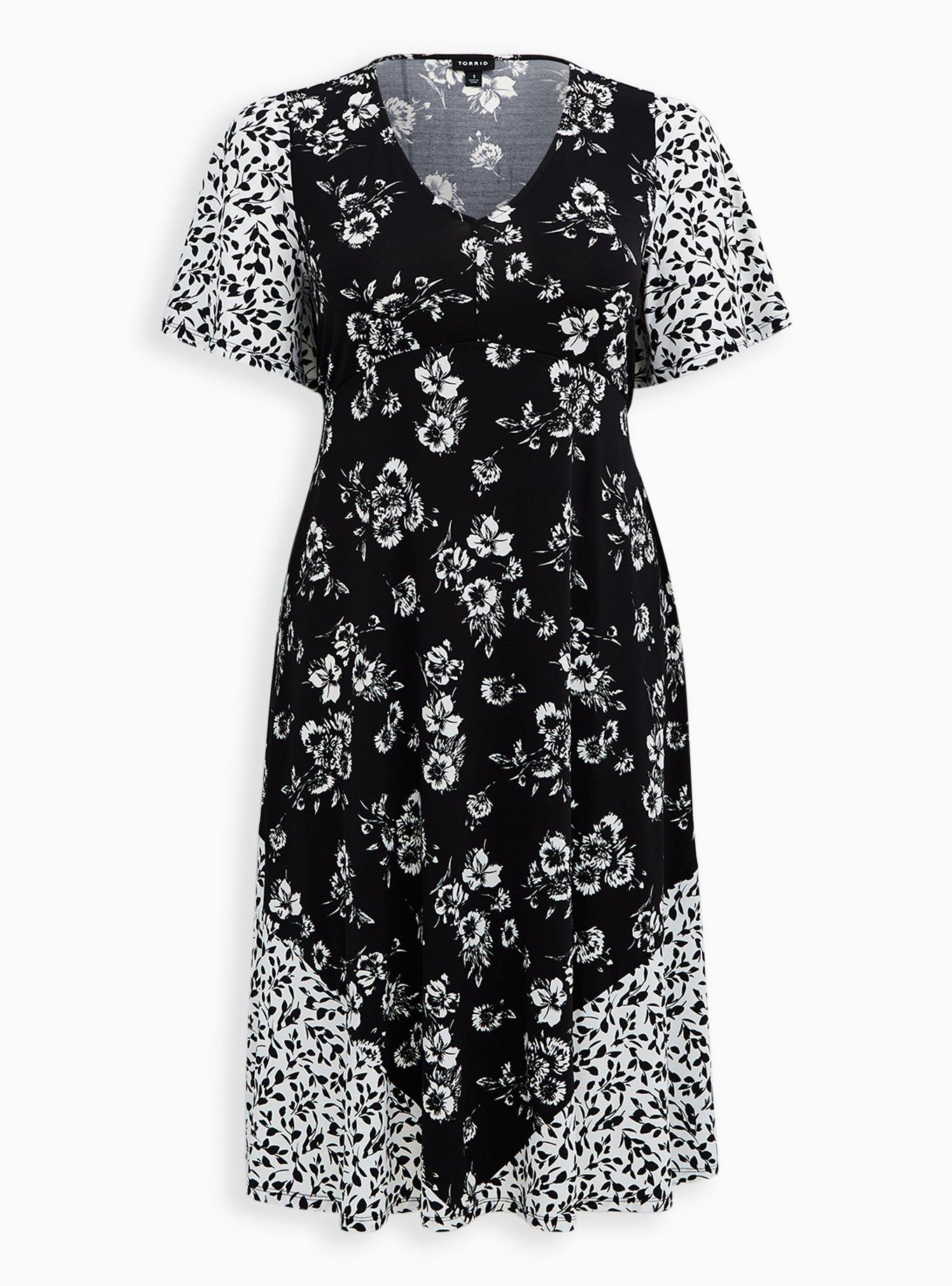 Plus Size Black & White Floral Studio Knit Skater Midi Dress, , hi-res