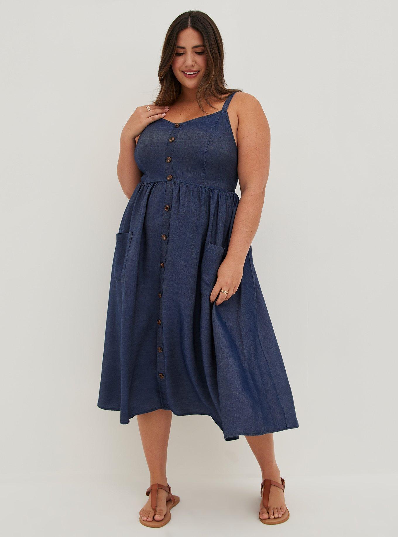 Plus Size Midi Chambray Button Front Skater Dress Torrid