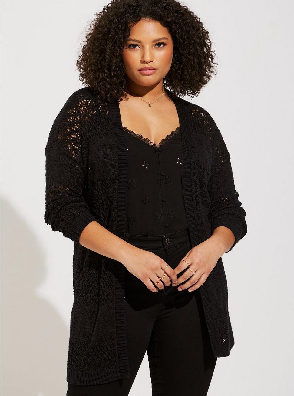 Open Stitch Cardigan Open Front Sweater, DEEP BLACK, hi-res