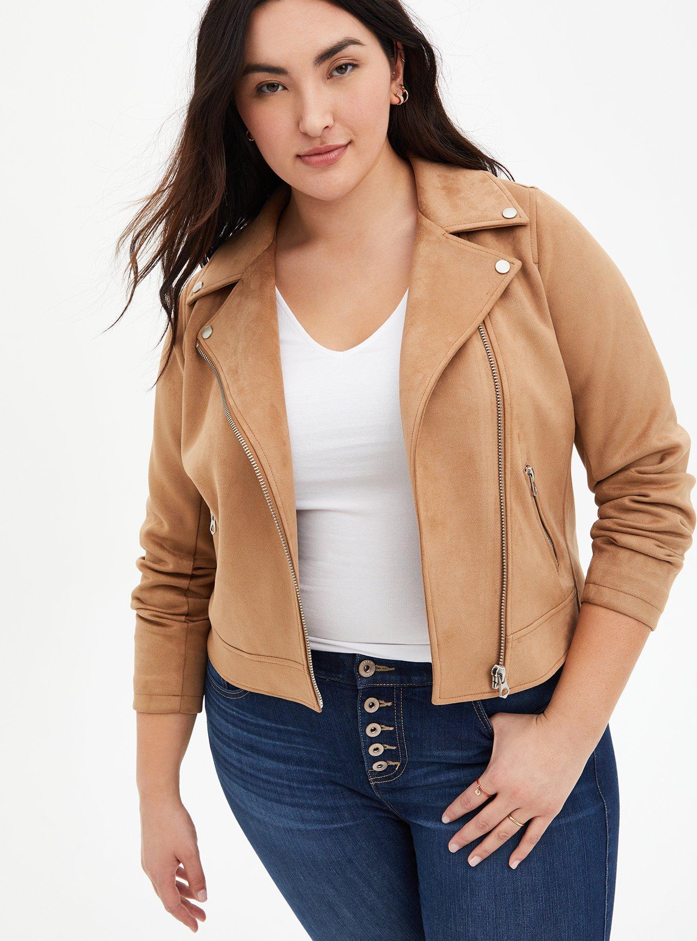 Plus Size Brown Stretch Suede Jacket -