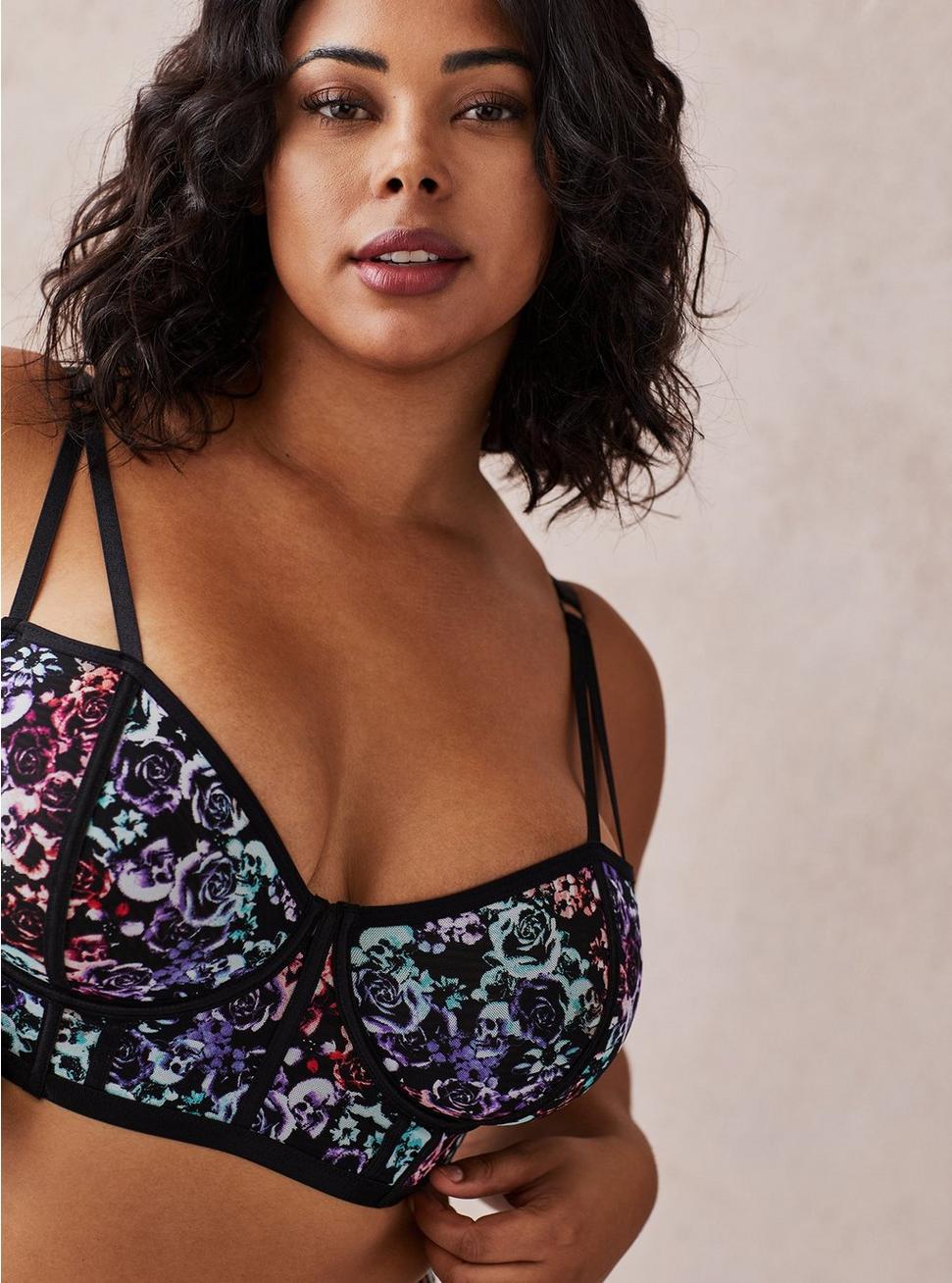 Plus Size Simply Mesh Strappy Underwire Bra, MIRRORED SKULL FLORAL, hi-res