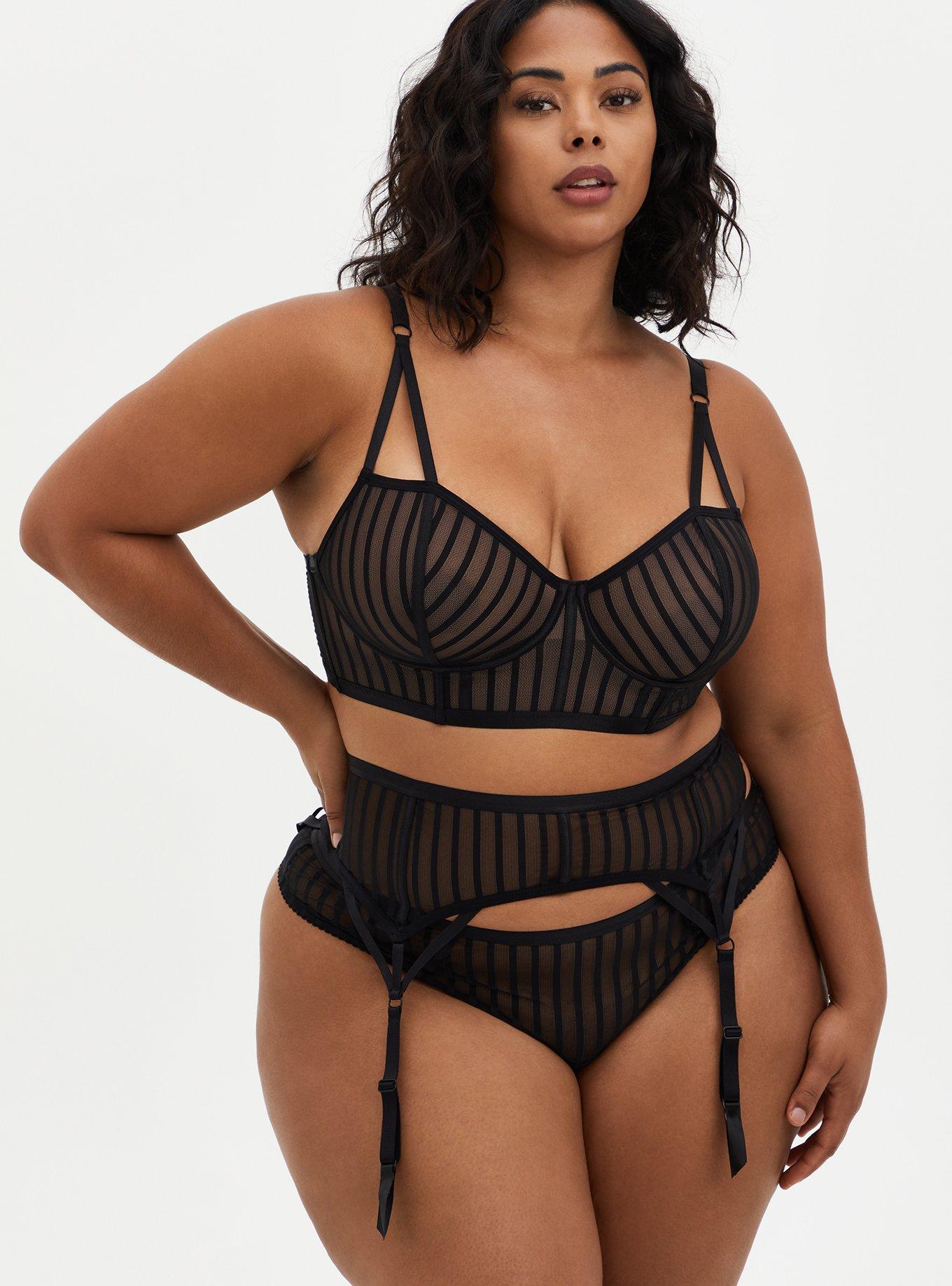 Plus Size Black Striped Mesh Garter Belt, RICH BLACK, alternate