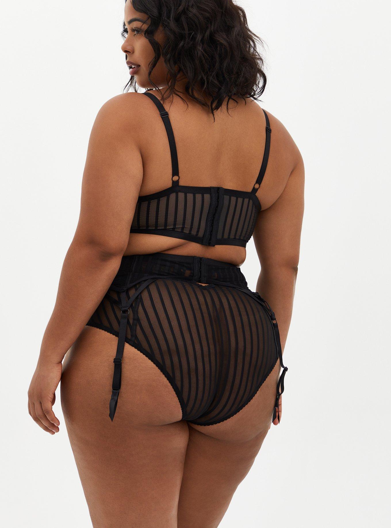 Plus Size Black Striped Mesh Garter Belt, RICH BLACK, alternate