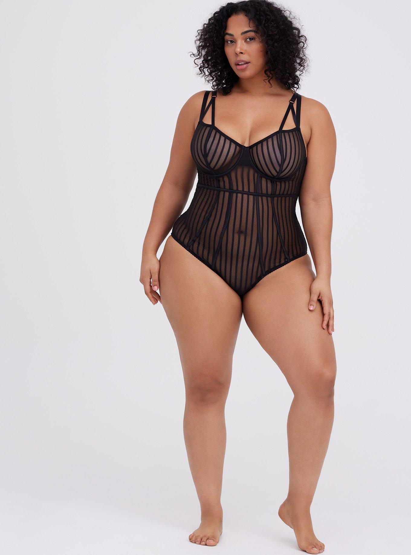 Plus Size - Black Striped Mesh Underwire Bodysuit - Torrid