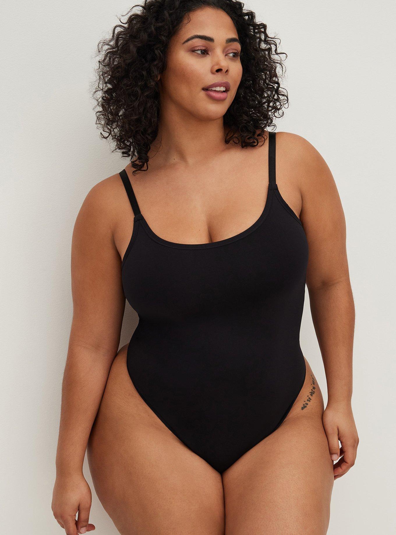 Plus Black Cotton Stretch T Shirt Thong Bodysuit