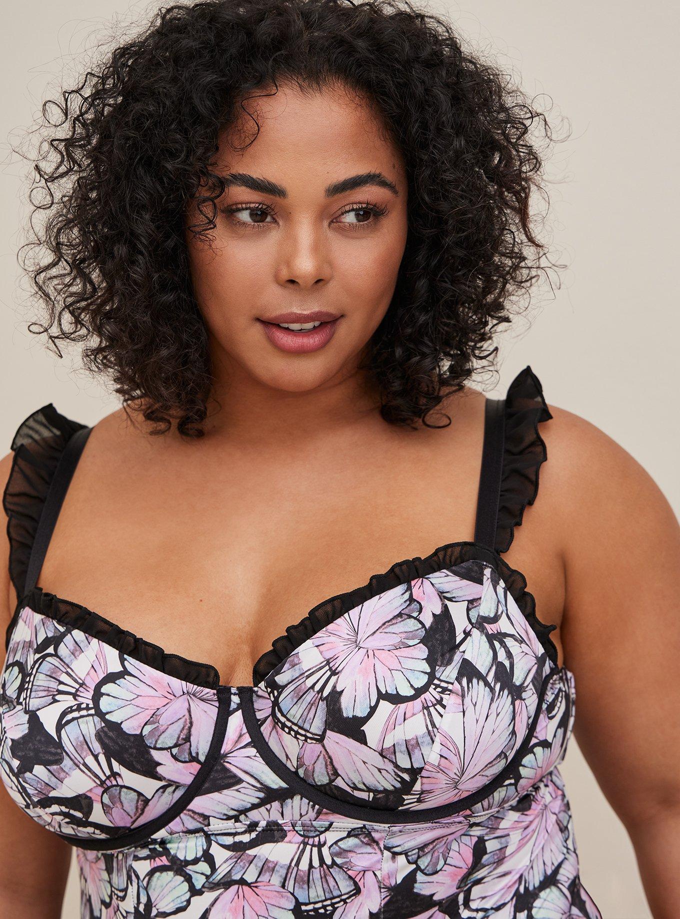 Satin Ruffle Bodysuit, BUTTERFLY WINDOWS BLACK, alternate