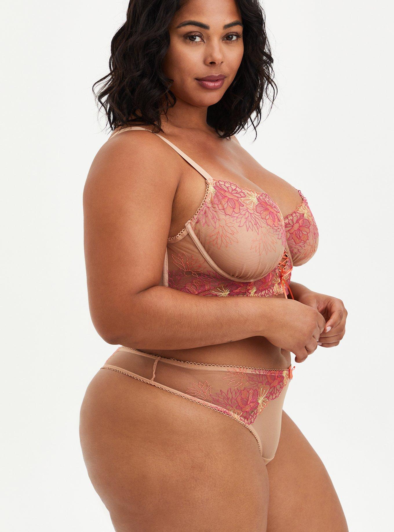 Plus Size - Multicolor Floral Mesh Embroidered Thong Panty - Torrid