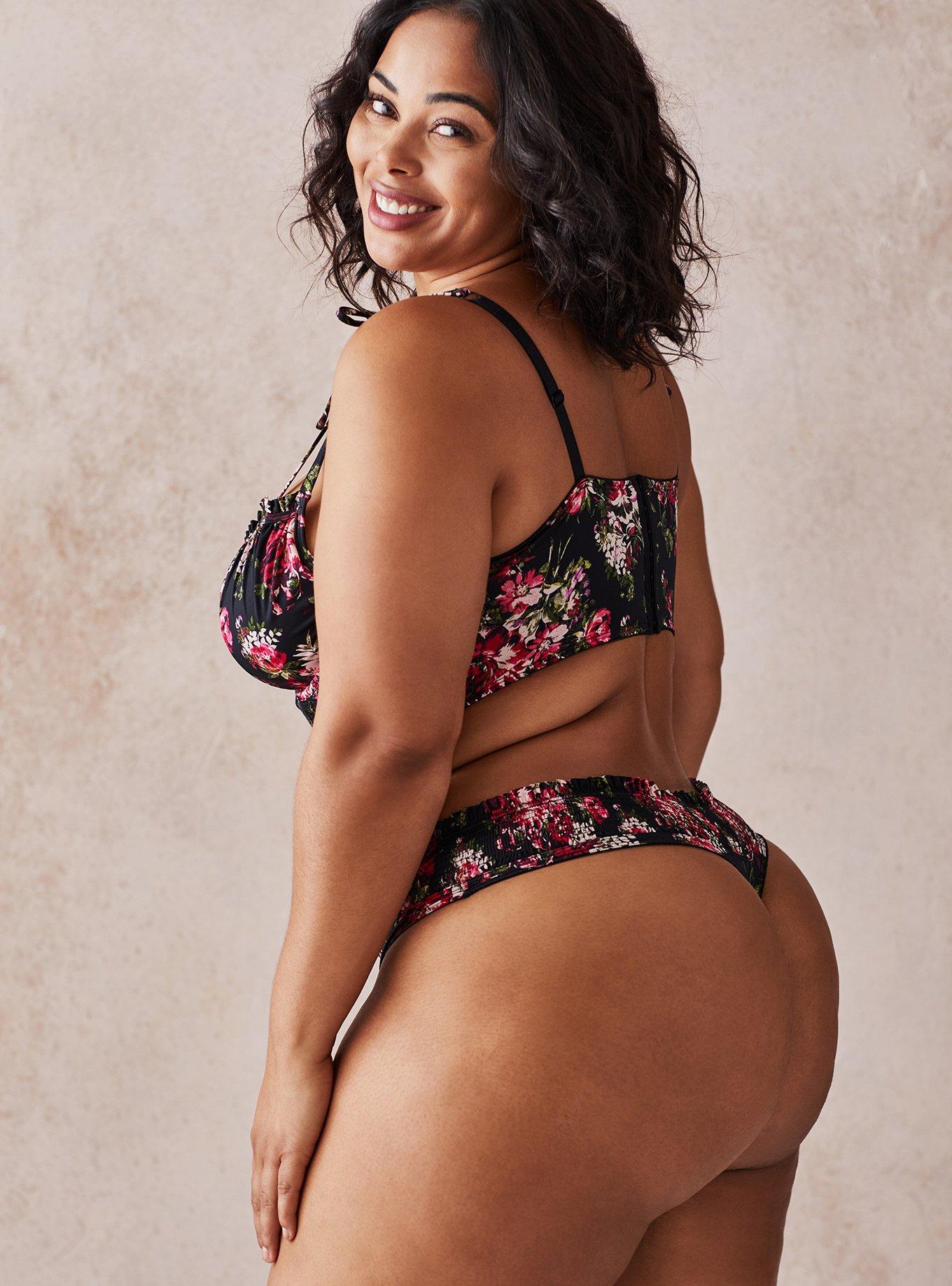 Black Floral Microfiber Thong Panty, FLORAL DISPERSE, alternate