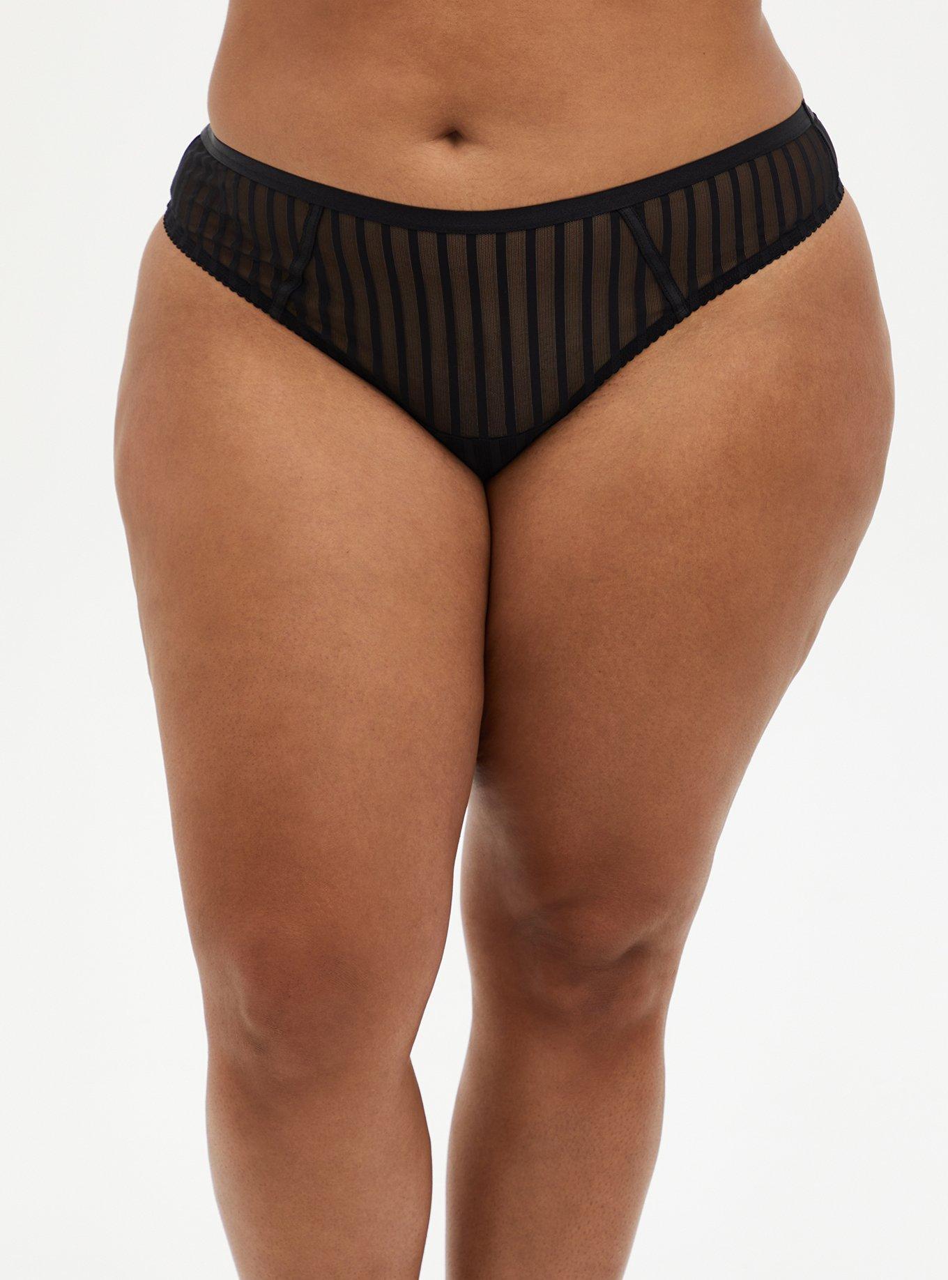 Plus Size - Black Striped Mesh Cut Out Thong Panty photo