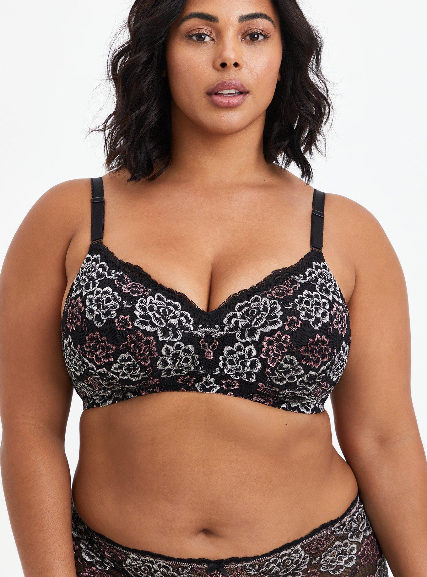 Torrid Lightly Lined Wire Free Bra Black Pink Floral Lace Back Smoothing 46D  Size undefined - $22 - From Jenna