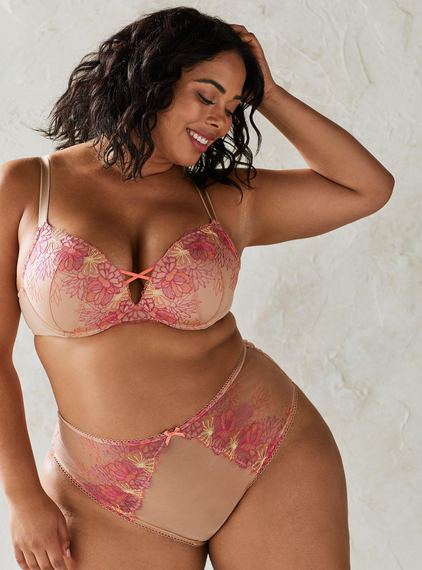 Plus Size Embroidered X Front Push-Up Plunge Bra - Beige Lace, , alternate