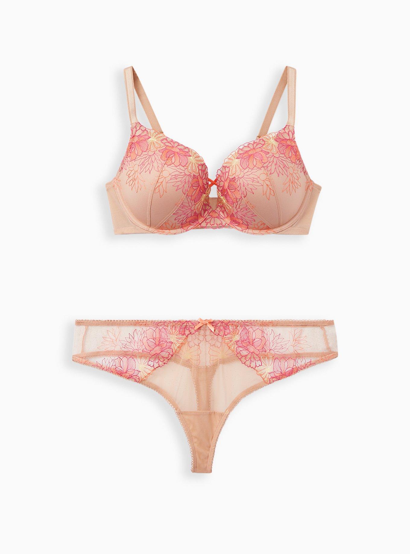 Plus Size Embroidered X Front Push-Up Plunge Bra - Beige Lace, , alternate