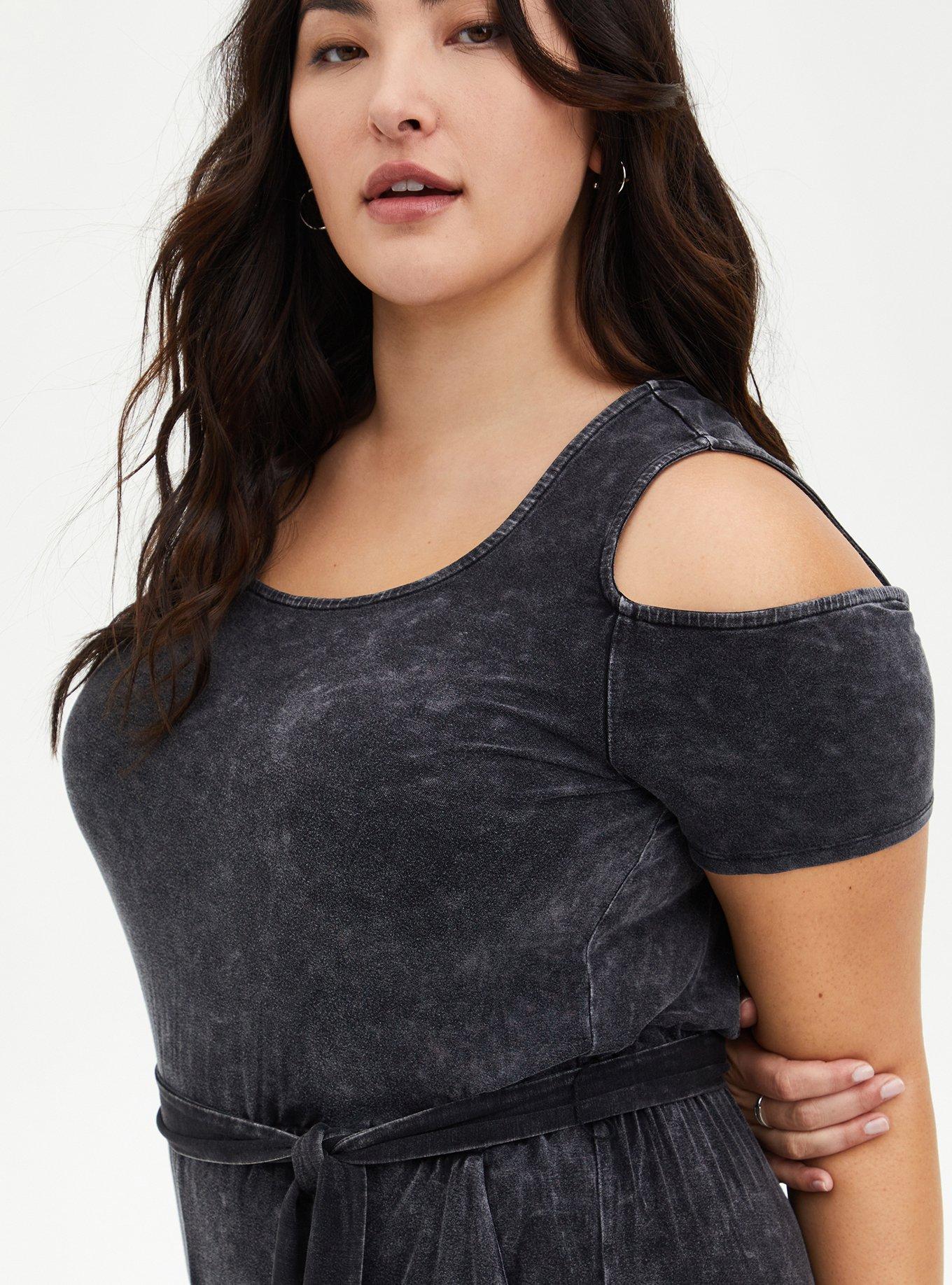 Plus Size Super Soft Black Wash Cold Shoulder Jumpsuit, DEEP BLACK, alternate