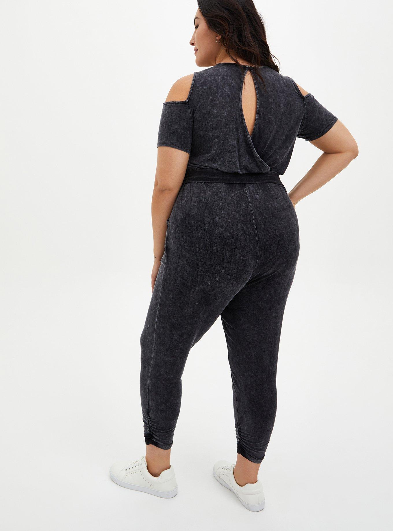Plus Size Super Soft Black Wash Cold Shoulder Jumpsuit, DEEP BLACK, alternate