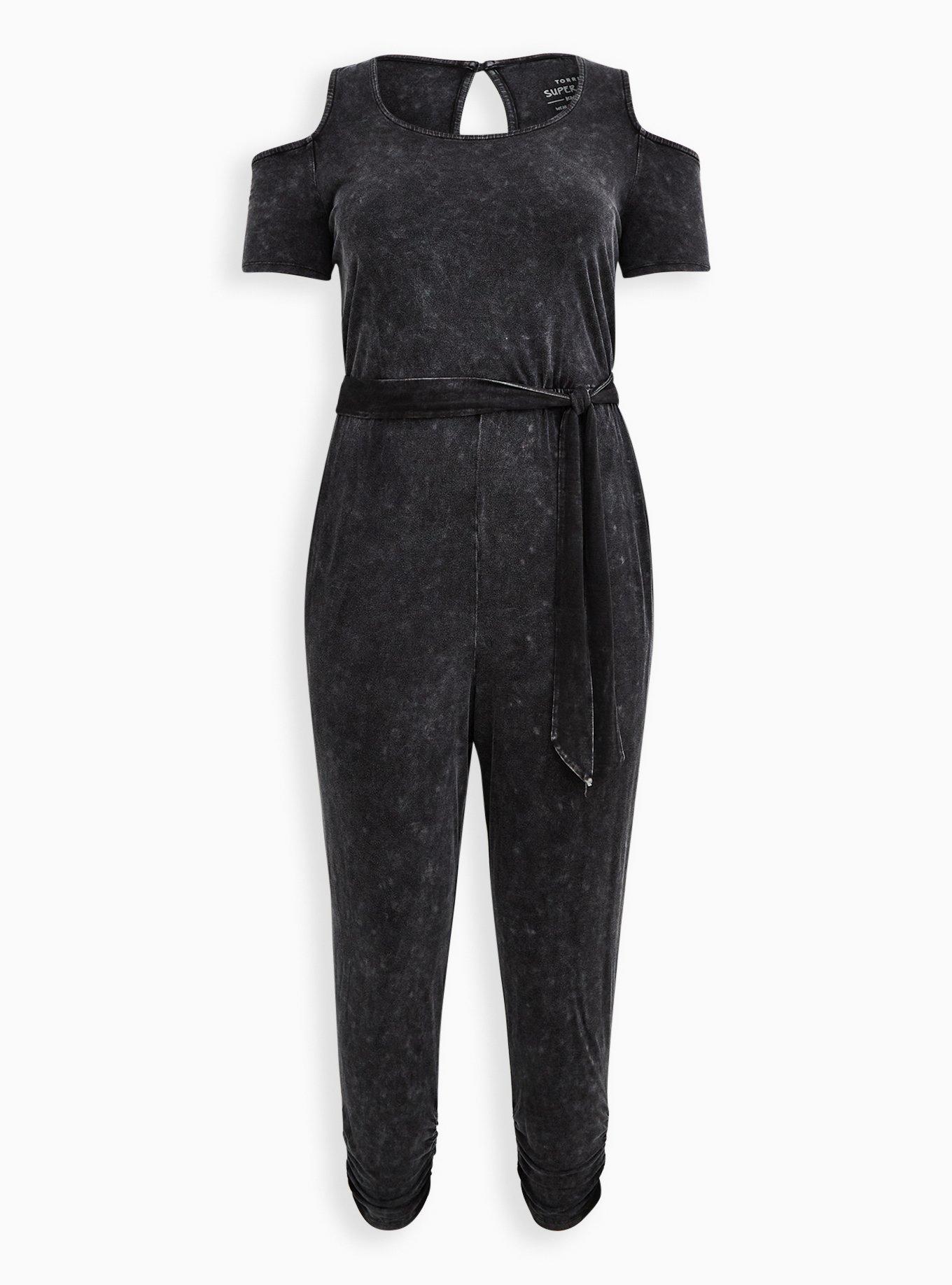 Plus Size Super Soft Black Wash Cold Shoulder Jumpsuit, DEEP BLACK, hi-res