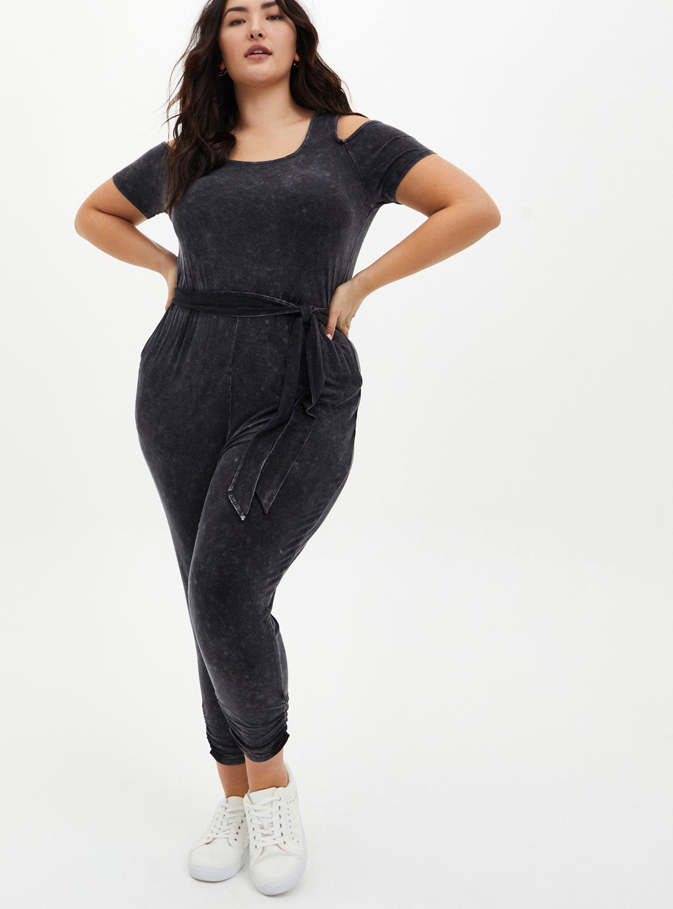 Plus Size Super Soft Black Wash Cold Shoulder Jumpsuit, DEEP BLACK, hi-res
